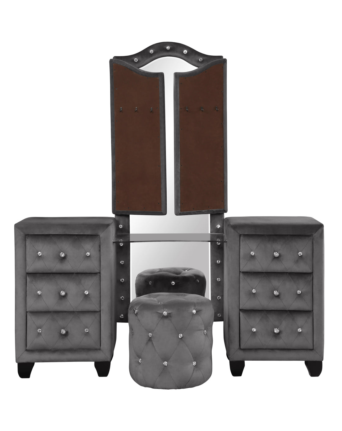 Sophia Modern Style Crystal Tufted Upholstery 6 Drawer Vanity Set With Stool, Finished With Velvet Fabric Made With Wood In Gray Gray 5 Drawers & Above Ball Bearing Glides Bedroom Contemporary,Modern Upholstered Wood