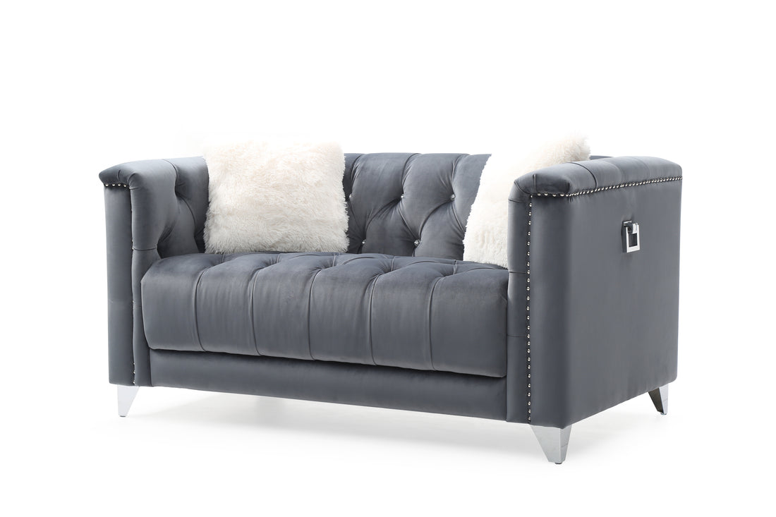 Tufted Upholstery Loveseat Finished In Velvet Fabric In Gray Gray Solid Wood