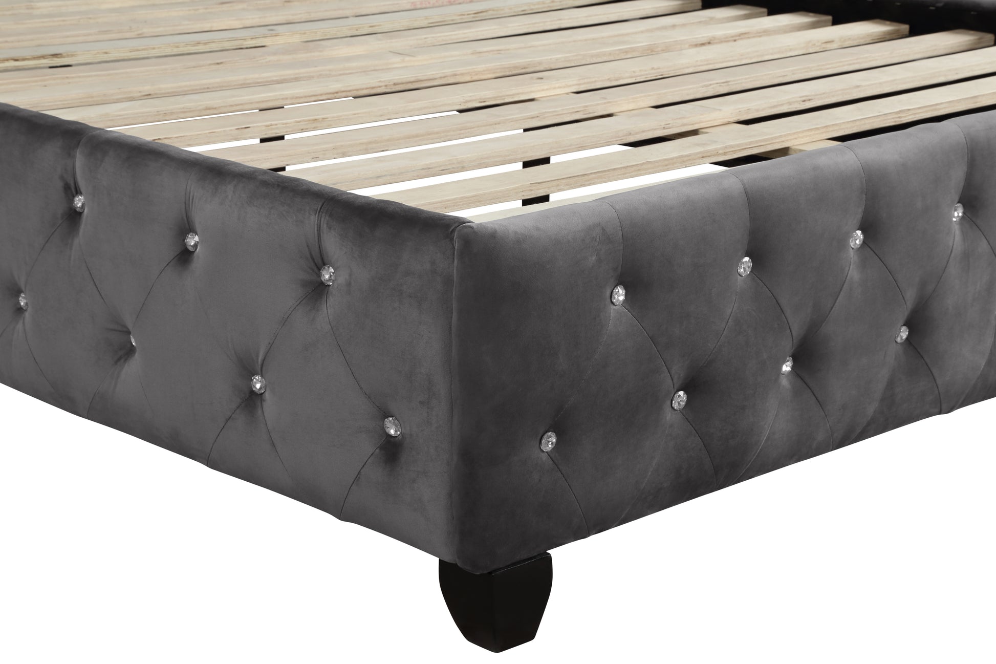 Modern Style Crystal Tufted Queen Bed Made With Wood In Gray Box Spring Not Required Queen Gray Wood Bedroom Contemporary,Modern Acacia Upholstered Velvet Wood