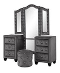 Sophia Modern Style Crystal Tufted Queen 4 Piece Includes: Queen Size Bed, Nightstand, Vanity Set Velvet Fabric Upholstery Vanity Bedroom Set Made With Wood In Gray Box Spring Not Required Queen Gray Wood 4 Piece Set Bedroom Contemporary,Modern Acacia