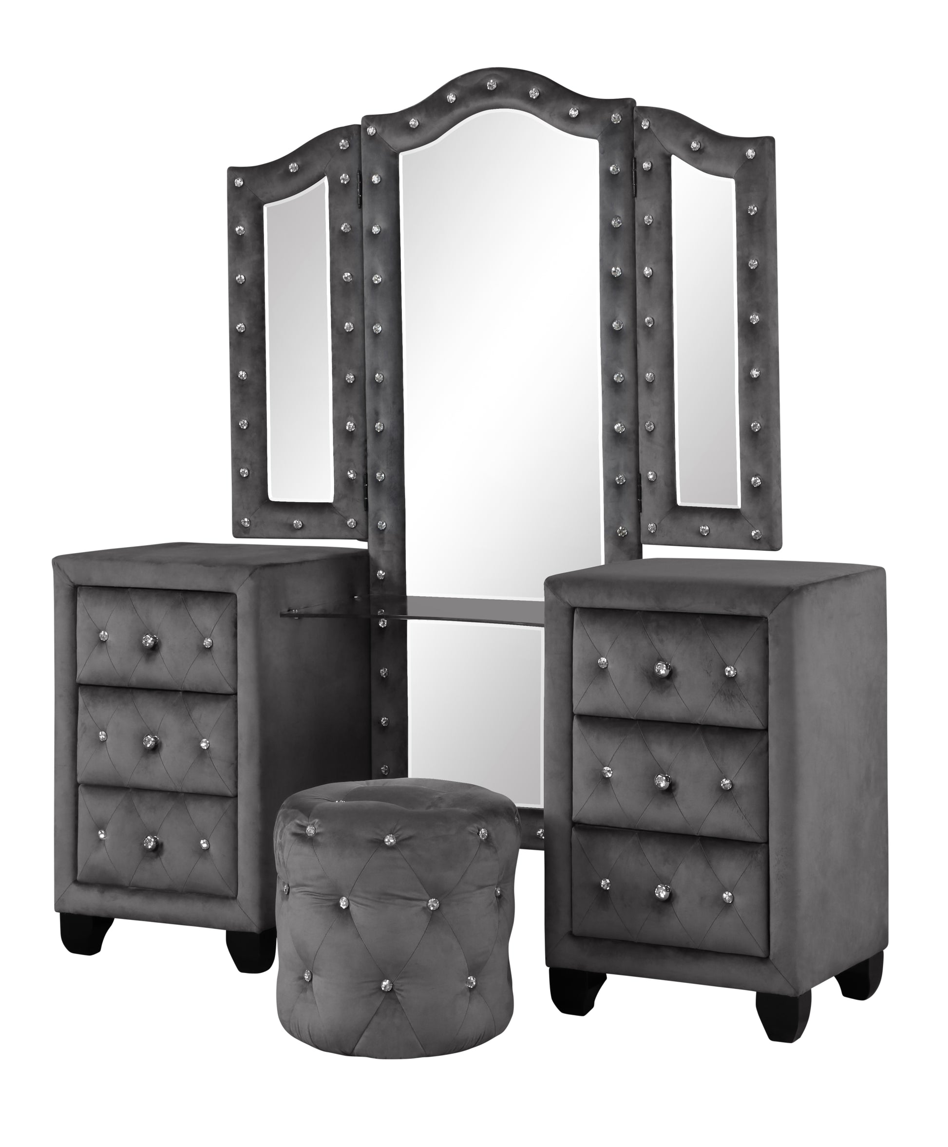 Maya Crystal Tufted King 4 Pc Vanity Bedroom Set Made With Wood In Gray Box Spring Not Required King Gray Wood 4 Piece Set Bedroom Contemporary,Modern Upholstered Velvet Tufted Wood