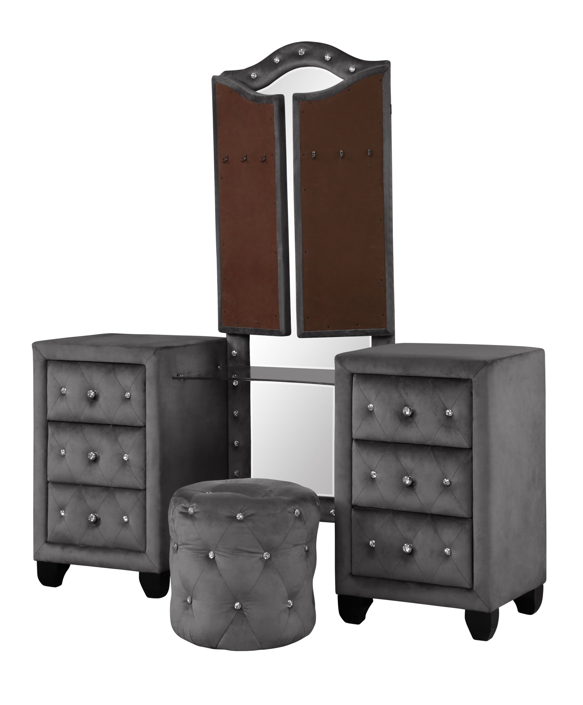 Sophia Modern Style Crystal Tufted Upholstery 6 Drawer Vanity Set With Stool, Finished With Velvet Fabric Made With Wood In Gray Gray 5 Drawers & Above Ball Bearing Glides Bedroom Contemporary,Modern Upholstered Wood