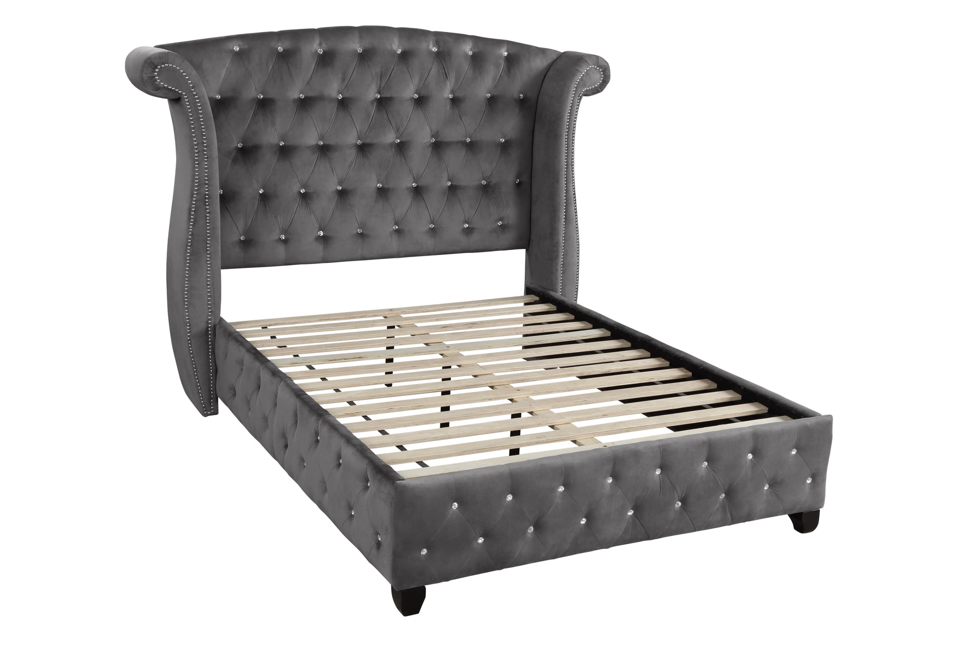 Modern Style Crystal Tufted Queen Bed Made With Wood In Gray Box Spring Not Required Queen Gray Wood Bedroom Contemporary,Modern Acacia Upholstered Velvet Wood