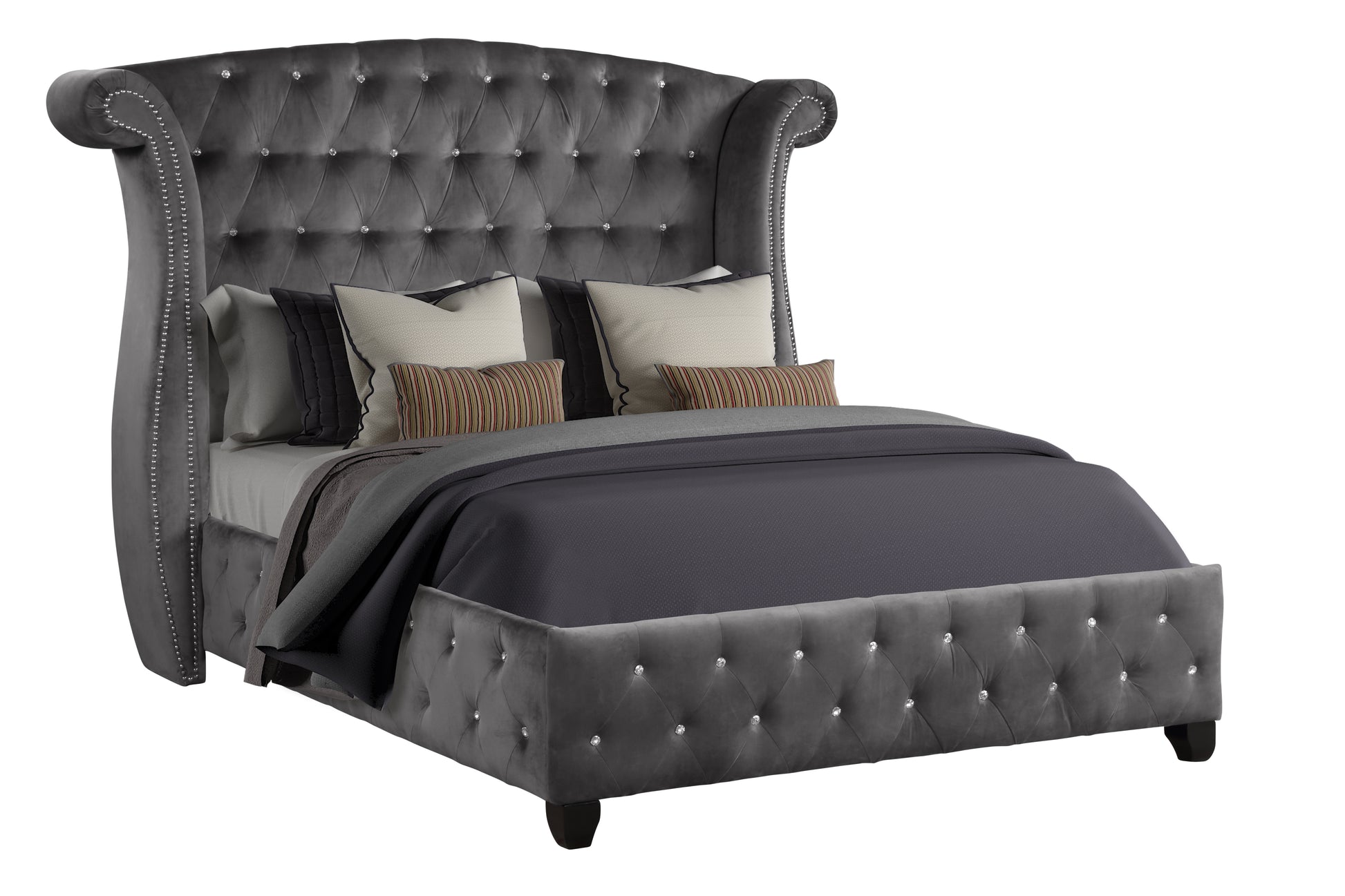 Modern Style Crystal Tufted Queen Bed Made With Wood In Gray Box Spring Not Required Queen Gray Wood Bedroom Contemporary,Modern Acacia Upholstered Velvet Wood