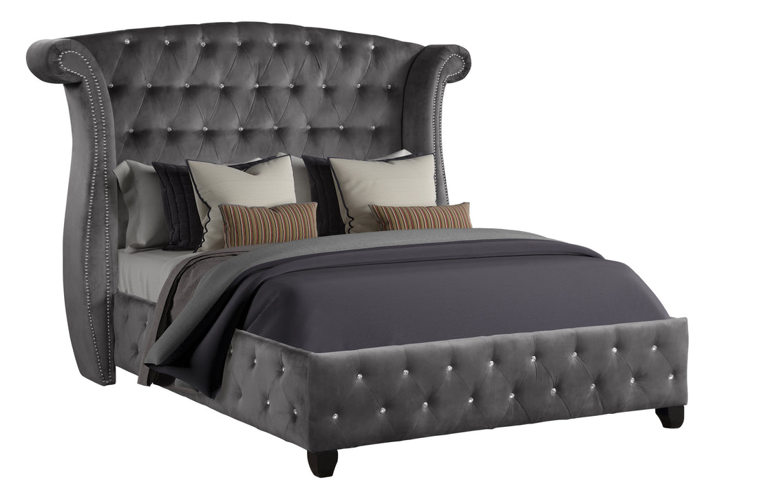 Sophia Modern Style Crystal Tufted Queen 4 Piece Includes: Queen Size Bed, Nightstand, Dresser, And Mirror Velvet Fabric Upholstery Bedroom Set Made With Wood In Gray Box Spring Not Required Queen Gray Wood 4 Piece Set Bedroom Contemporary,Modern Acacia