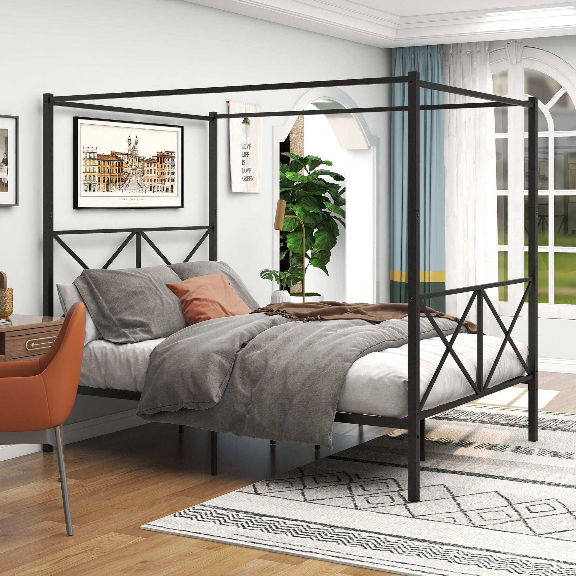Metal Canopy Bed Frame, Platform Bed Frame Queen With X Shaped Frame Queen Black Box Spring Not Required Queen Black Metal Bedroom Bed Frame Metal