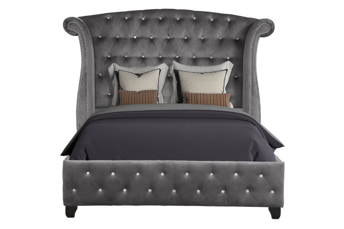 Sophia Crystal Tufted Full Bed Made With Wood In Color Gray Box Spring Not Required Full Gray Wood Bedroom Contemporary,Modern Acacia Upholstered Velvet Wood