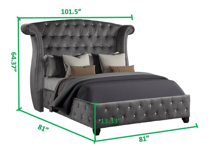 Modern Style Crystal Tufted King 4 Piece Includes: King Size Bed, Nightstand, Vanity Set Velvet Fabric Upholstery Vanity Bedroom Set Made With Wood In Gray Box Spring Not Required King Gray Wood 4 Piece Set Bedroom Contemporary,Modern Acacia Upholstered