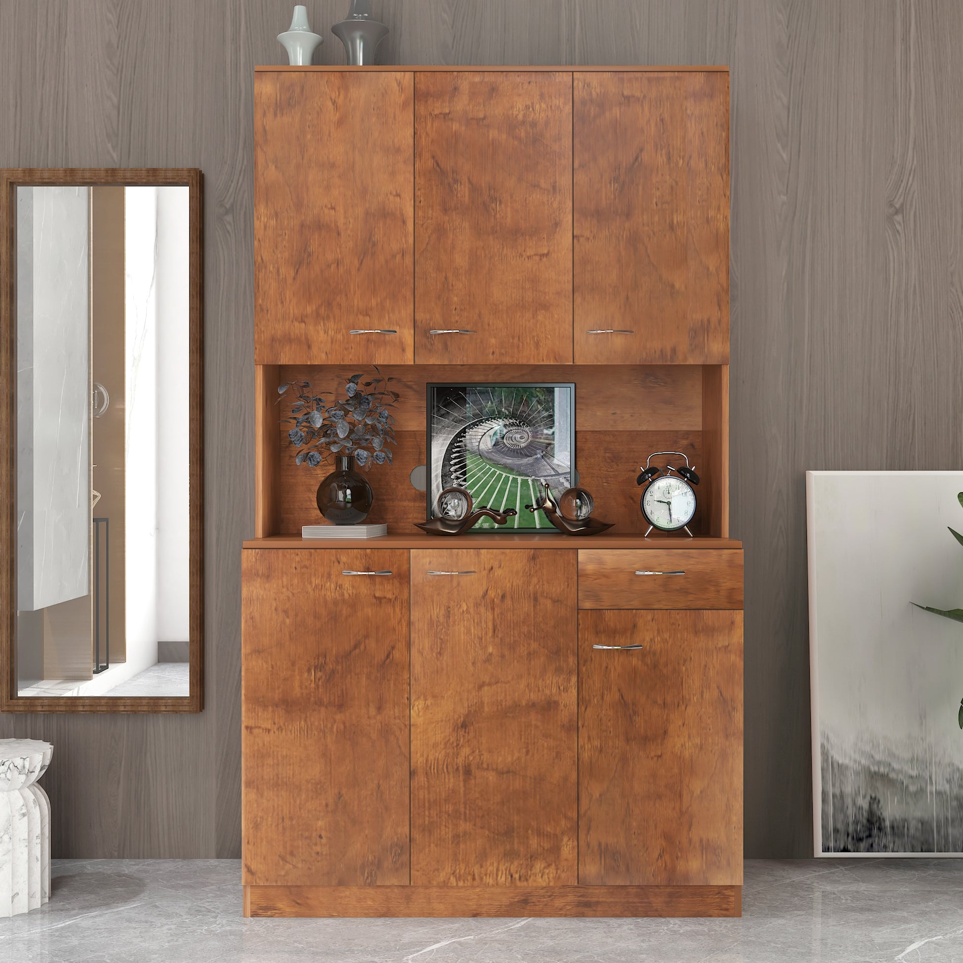 70.87" Tall Wardrobe& Kitchen Cabinet, With 6 Doors, 1 Open Shelves And 1 Drawer For Bedroom,Walnut Walnut Mdf