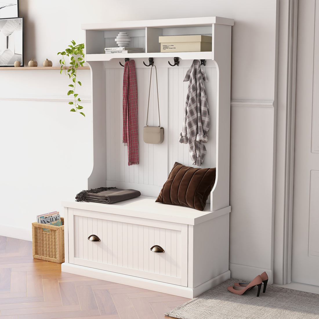 Entryway Hall Tree With Coat Rack 4 Hooks And Storage Bench Shoe Cabinet White White Mdf