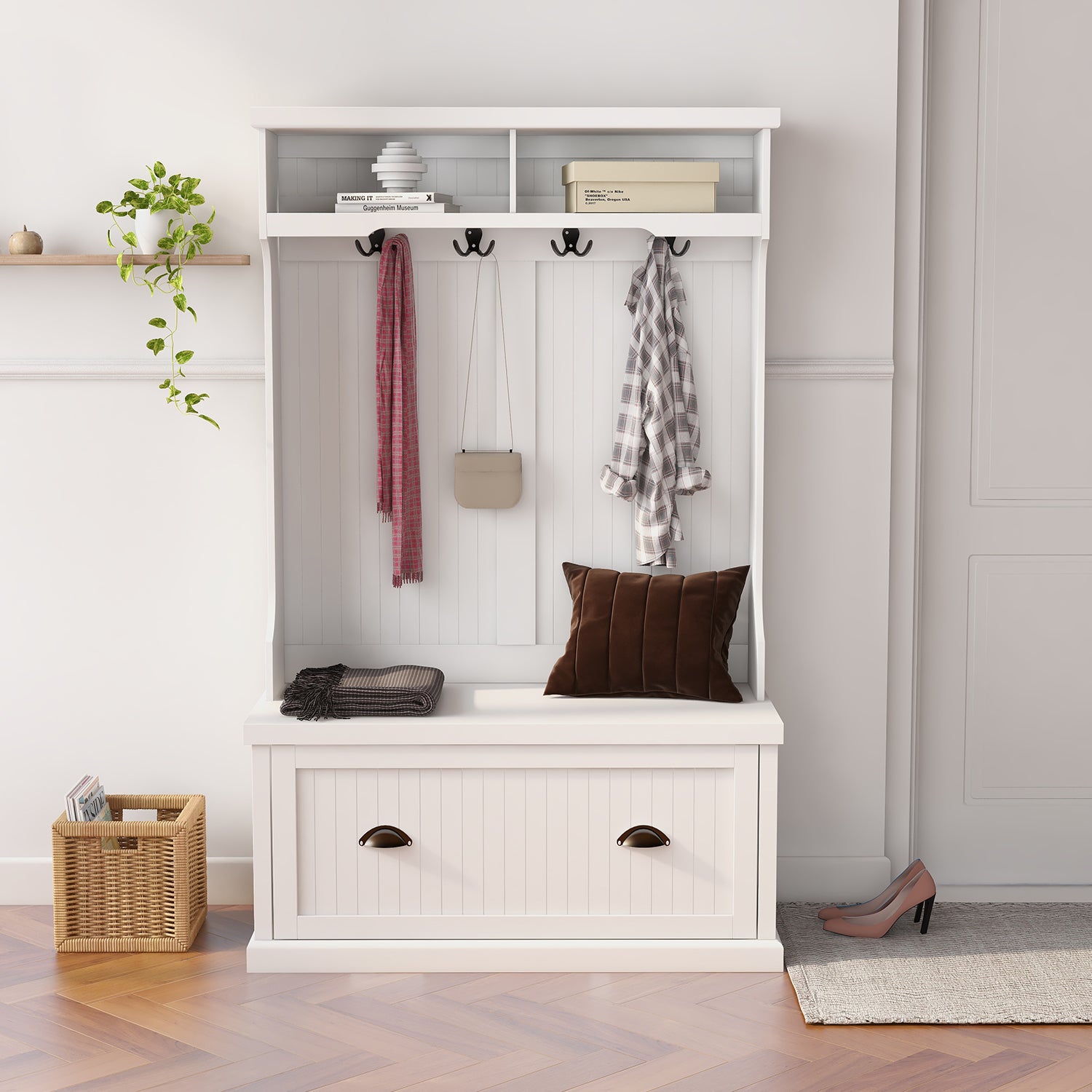 Entryway Hall Tree With Coat Rack 4 Hooks And Storage Bench Shoe Cabinet White White Mdf