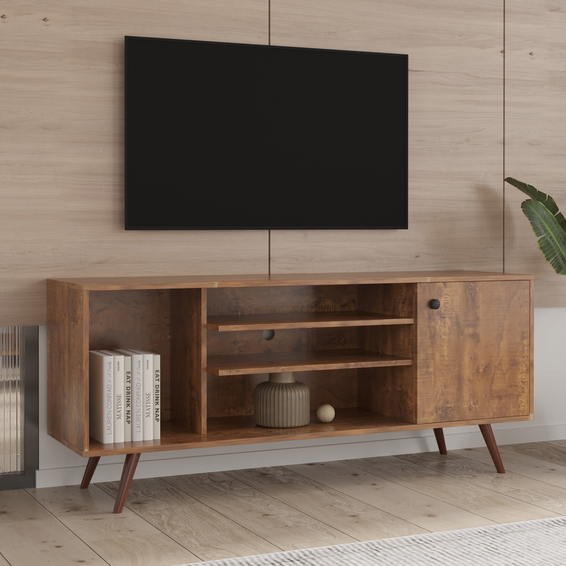 Tv Stand Use In Living Room Furniture With 1 Storage And 2 Shelves Cabinet, High Quality Particle Board,Walnut Walnut Particle Board