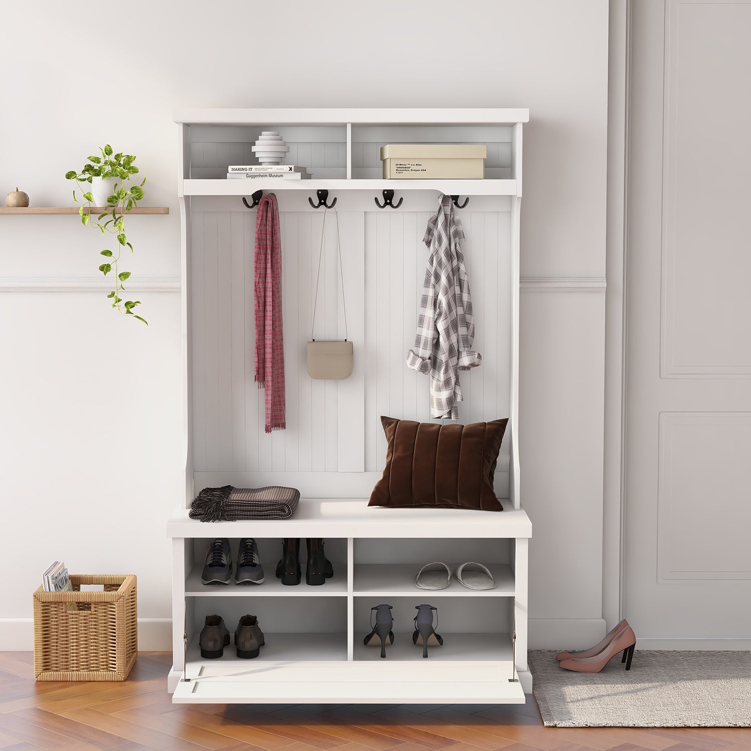 Entryway Hall Tree With Coat Rack 4 Hooks And Storage Bench Shoe Cabinet White White Mdf