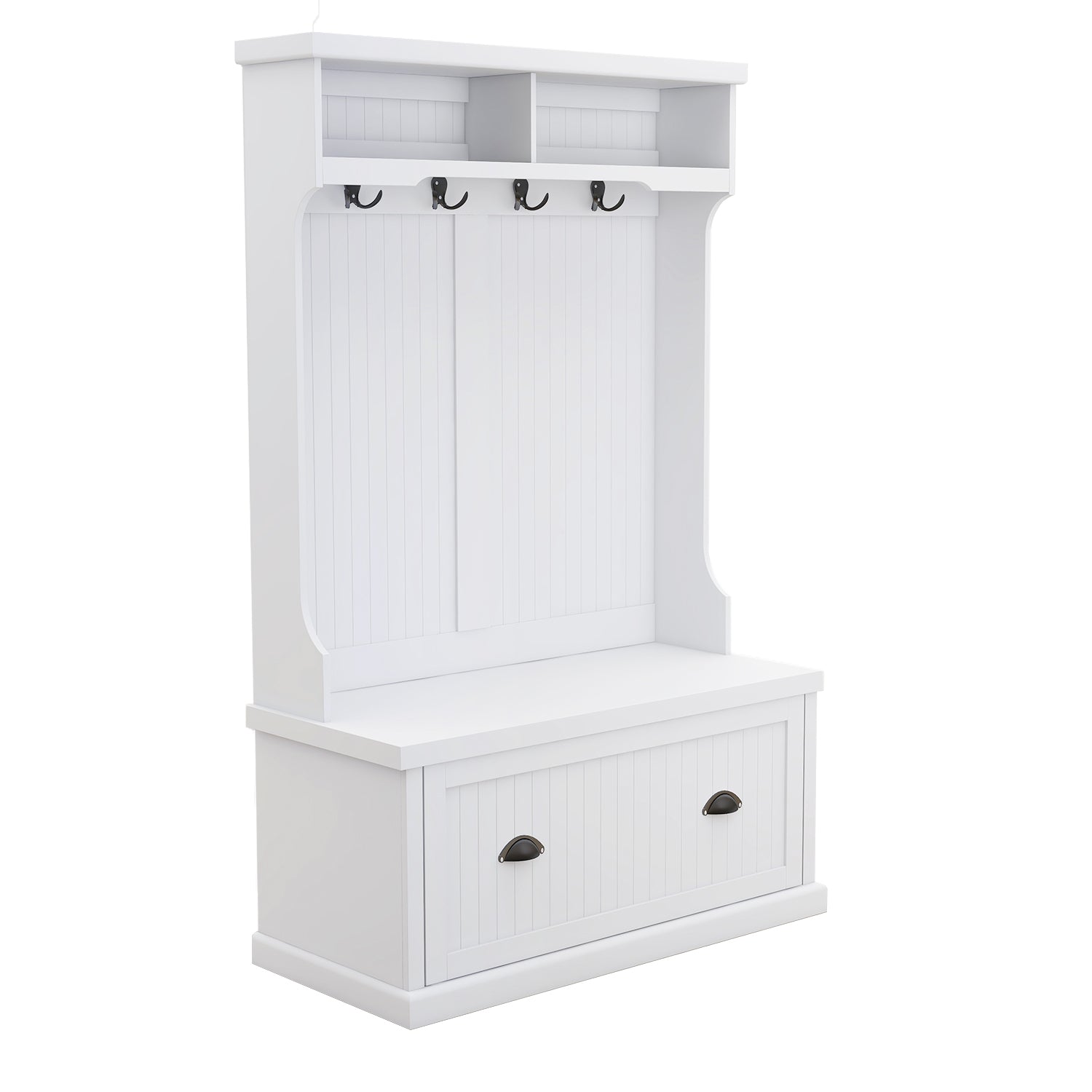 Entryway Hall Tree With Coat Rack 4 Hooks And Storage Bench Shoe Cabinet White White Mdf