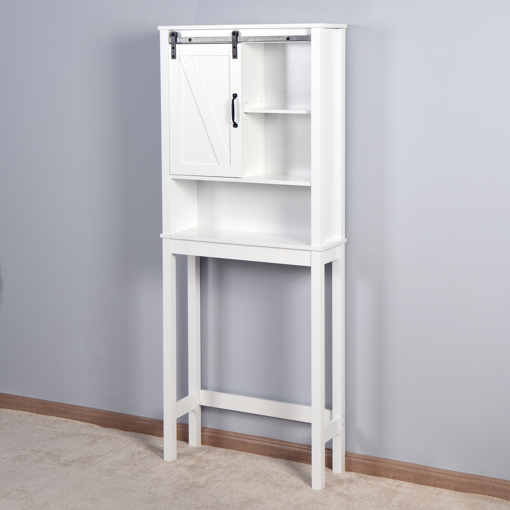 Over The Toilet Storage Cabinet, Space Saving Bathroom Cabinet, With Adjustable Shelves And A Barn Door 27.16 X 9.06 X 67 Inch White Mdf