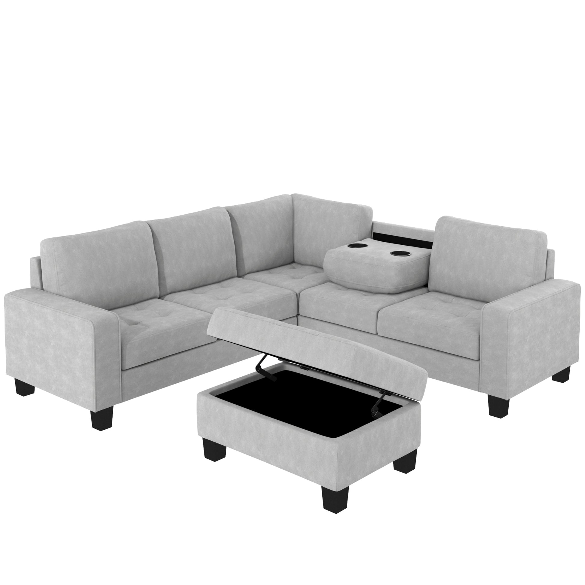 Orisfur. Sectional Corner Sofa L Shape Couch Space Saving With Storage Ottoman & Cup Holders Design For Large Space Dorm Apartment,Light Grey Light Grey Foam Velvet