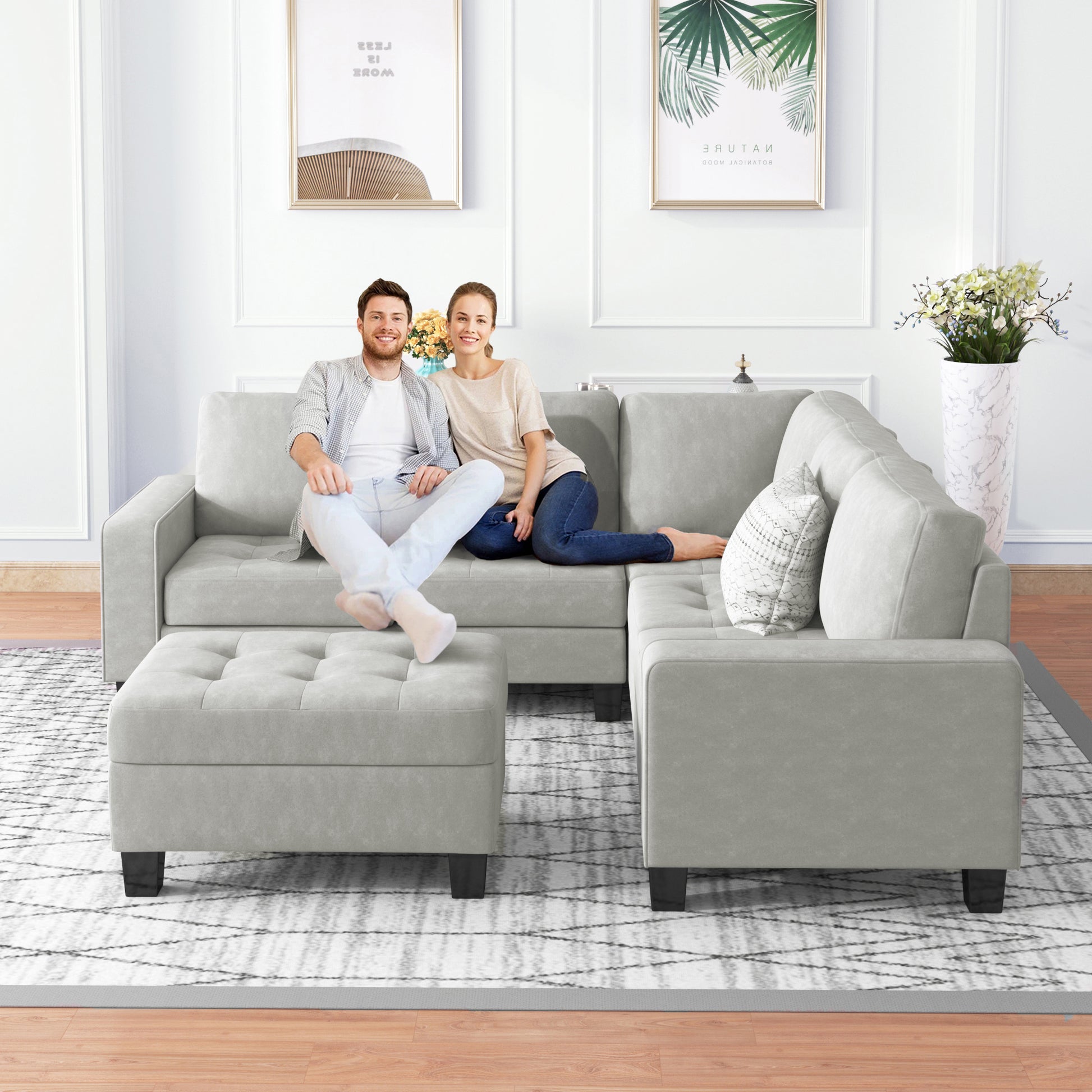 Orisfur. Sectional Corner Sofa L Shape Couch Space Saving With Storage Ottoman & Cup Holders Design For Large Space Dorm Apartment,Light Grey Light Grey Foam Velvet