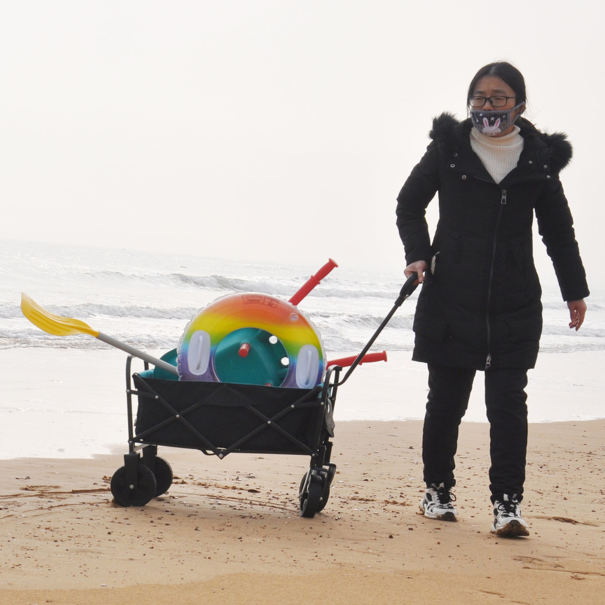 Mini Folding Wagon Garden Shopping Beach Cart Black Blue Black Steel