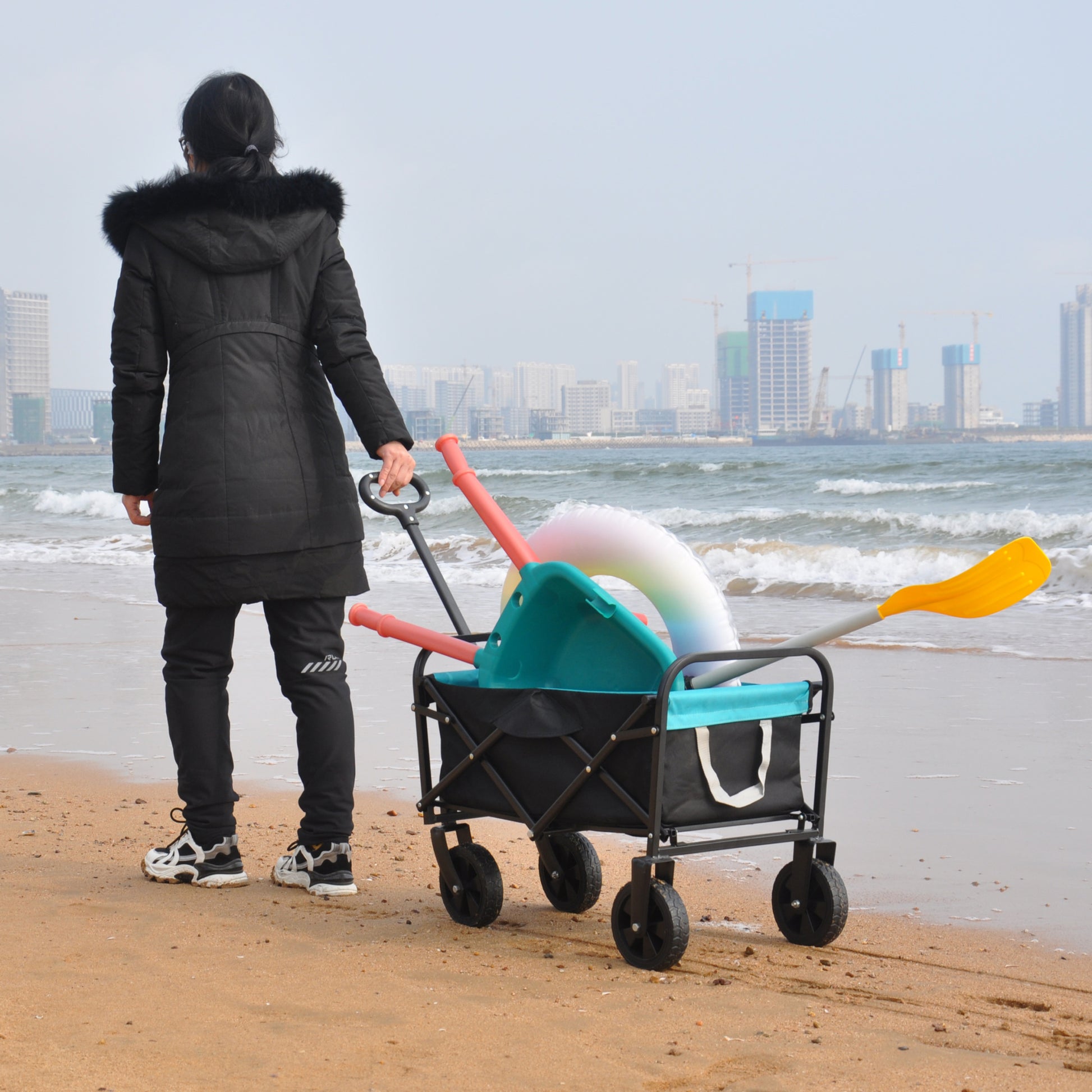 Mini Folding Wagon Garden Shopping Beach Cart Black Blue Black Steel