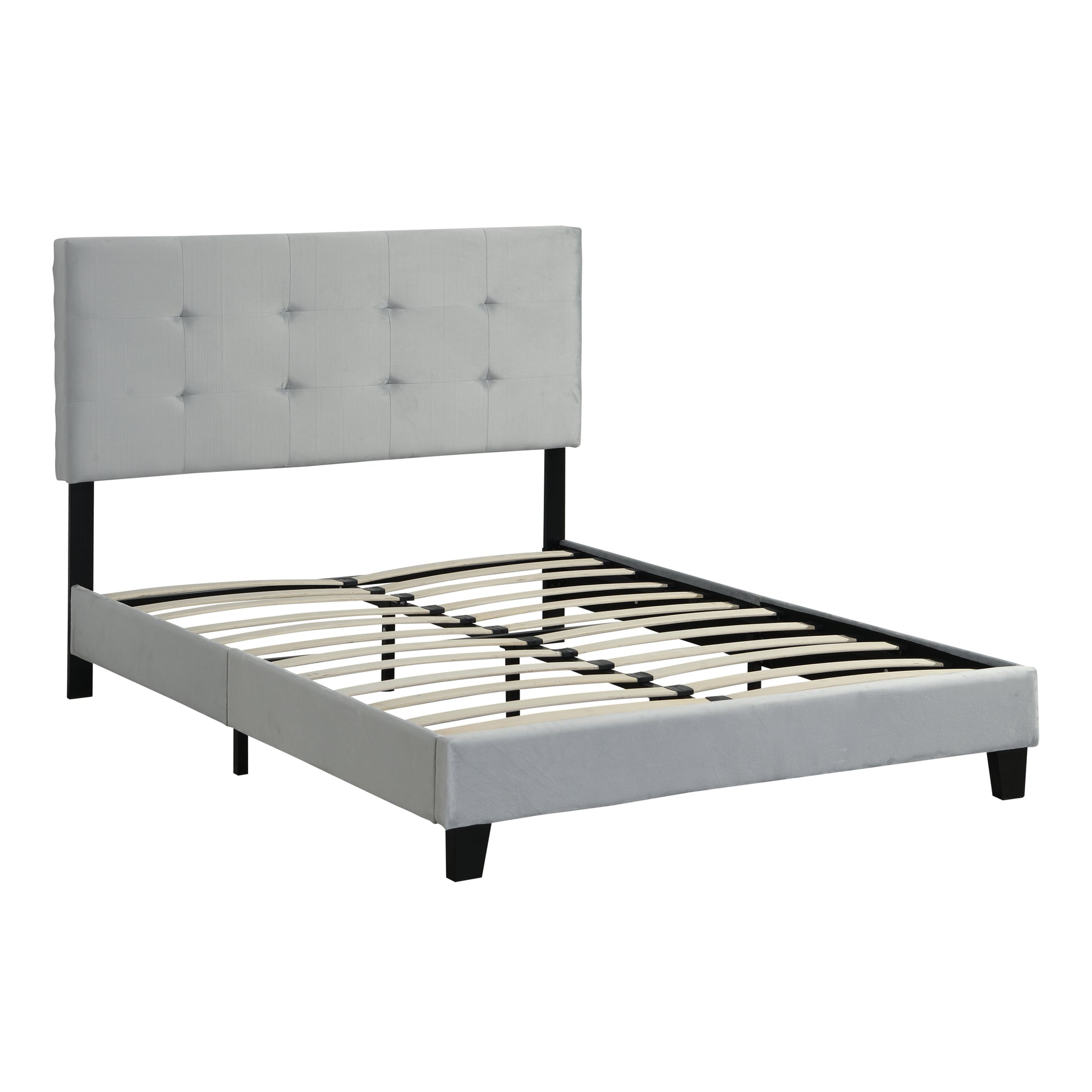 Full Size Upholstered Platform Bed Frame With Pull Point Tufted Headboard, Strong Wood Slat Support, Mattress Foundation, No Box Spring Needed, Easy Assembly, Gray Gray Velvet