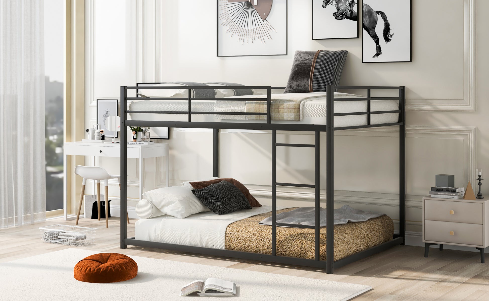 Full Over Full Metal Bunk Bed, Low Bunk Bed With Ladder, Black Old Sku:Mf197034Aab Black Metal