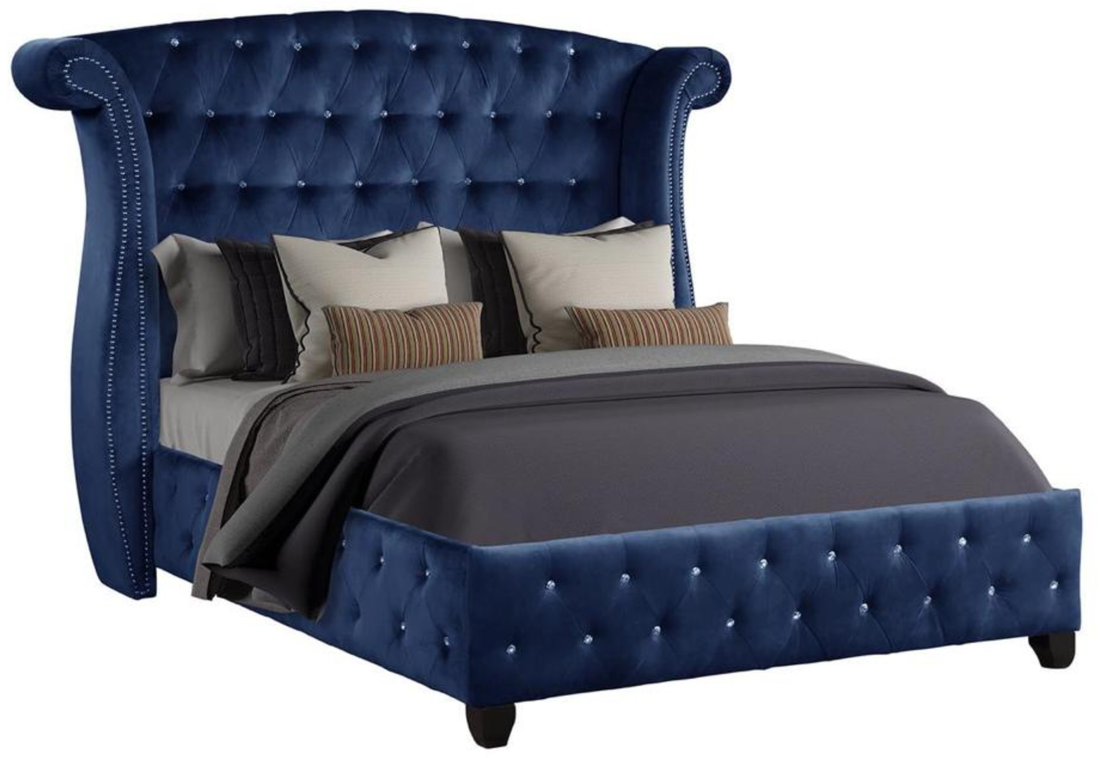 Sophia Modern Style Crystal Tufted Queen 4 Piece Includes: Queen Size Bed, Nightstand, Dresser, And Mirror Velvet Fabric Upholstery Bedroom Set Made With Wood In Blue Box Spring Not Required Queen Blue Wood 4 Piece Set Bedroom Bed Included,Dresser