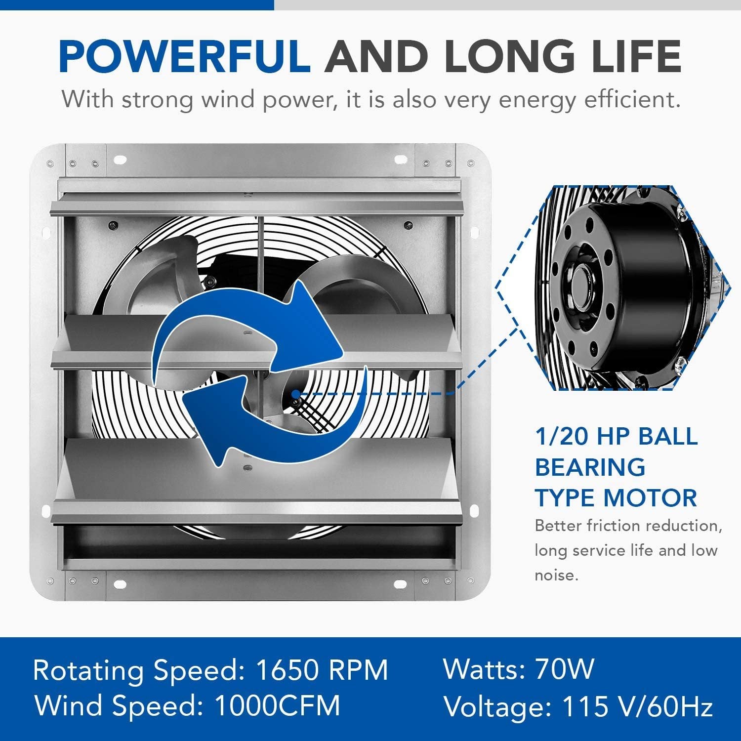 Ipower 14 Inch Shutter Exhaust Fan Aluminum,High Speed 1650Rpm, 1000 Cfm, 1 Pack, Silver Silver Aluminium