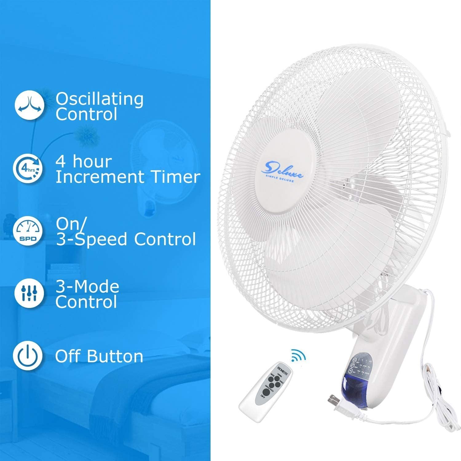 Simple Deluxe 16 Inch Digital Wall Mount Fan With Remote Control 3 Speed 3 Oscillating Modes 72 Inches Power Cord, Etl Certified White, 16" White Metal