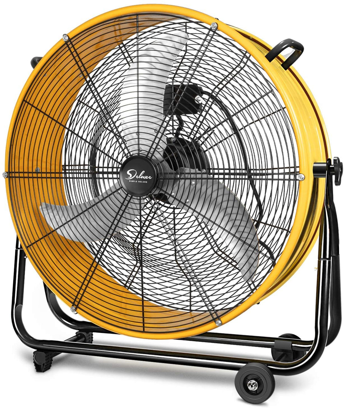 Simple Deluxe 3 Speed Circulation For Industrial, Commercial, Residential, And Shop Use 24 Inch High Velocity Air Movement Heavy Duty Metal Drum Fan, Yellow Yellow Metal