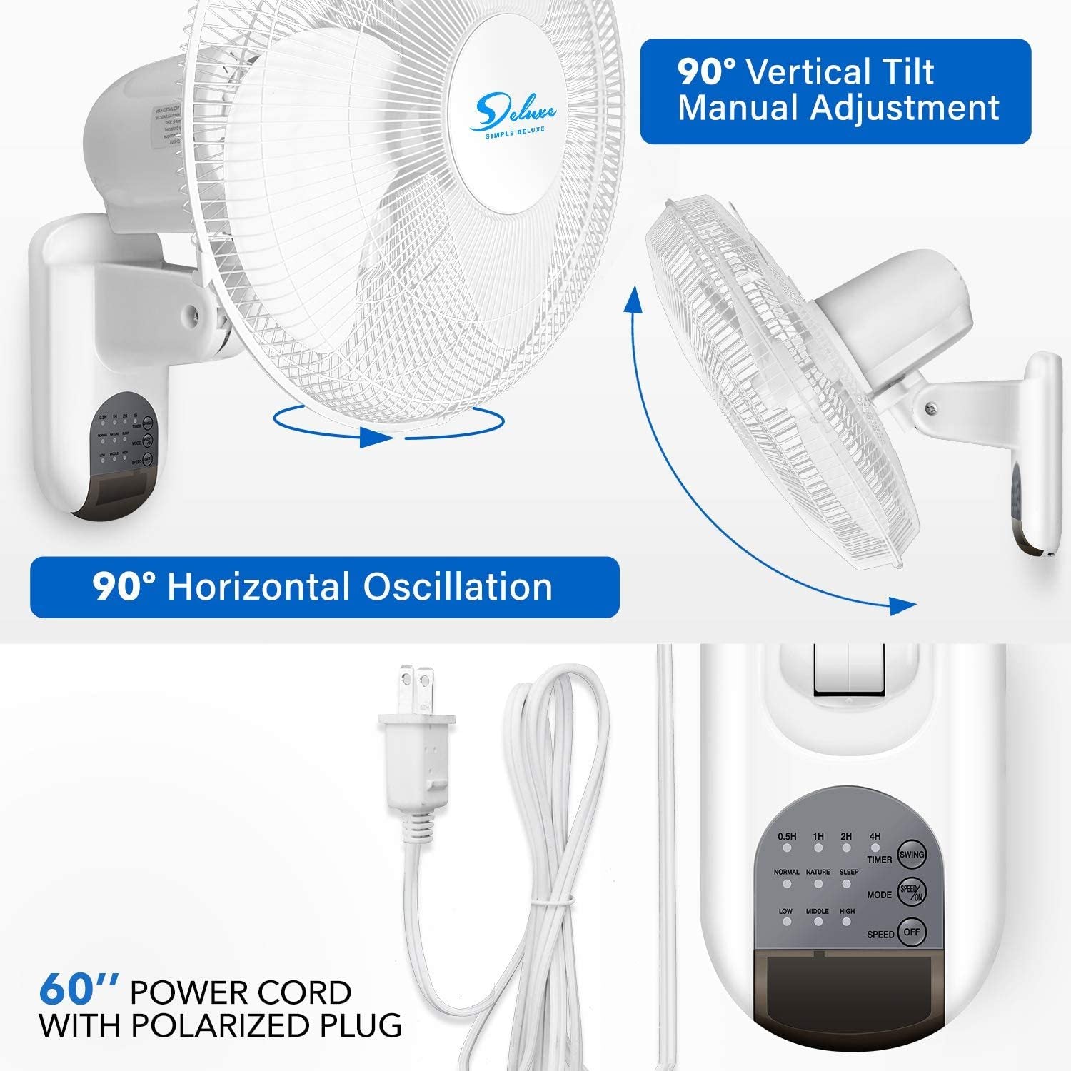 Simple Deluxe 2 Pack 16 Inch Digital Wall Mount Fan With Remote Control 3 Oscillating Modes, 3 Speed, 72 Inches Power Cord, White, 2 Exhaust White Metal