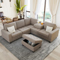 Orisfur. Sectional Corner Sofa L Shape Couch Space Saving With Storage Ottoman & Cup Holders Design For Large Space Dorm Apartment Brown Foam Linen