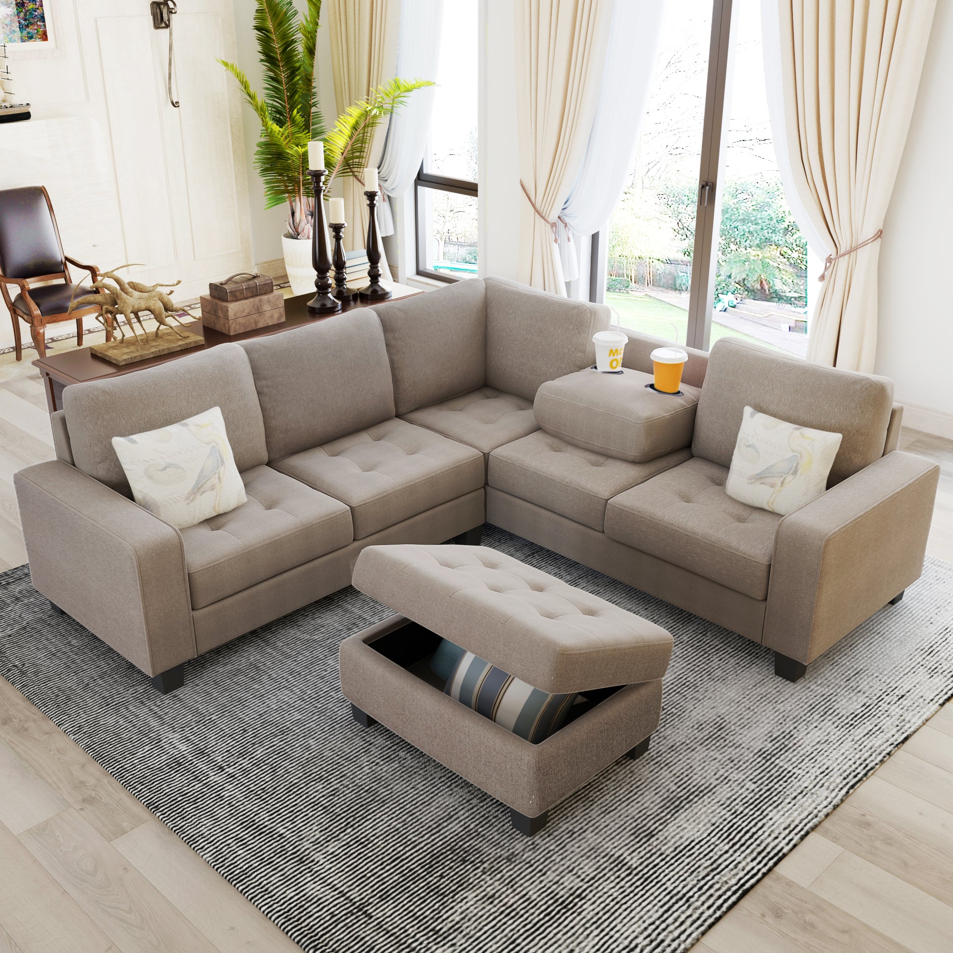 Orisfur. Sectional Corner Sofa L Shape Couch Space Saving With Storage Ottoman & Cup Holders Design For Large Space Dorm Apartment Brown Foam Linen