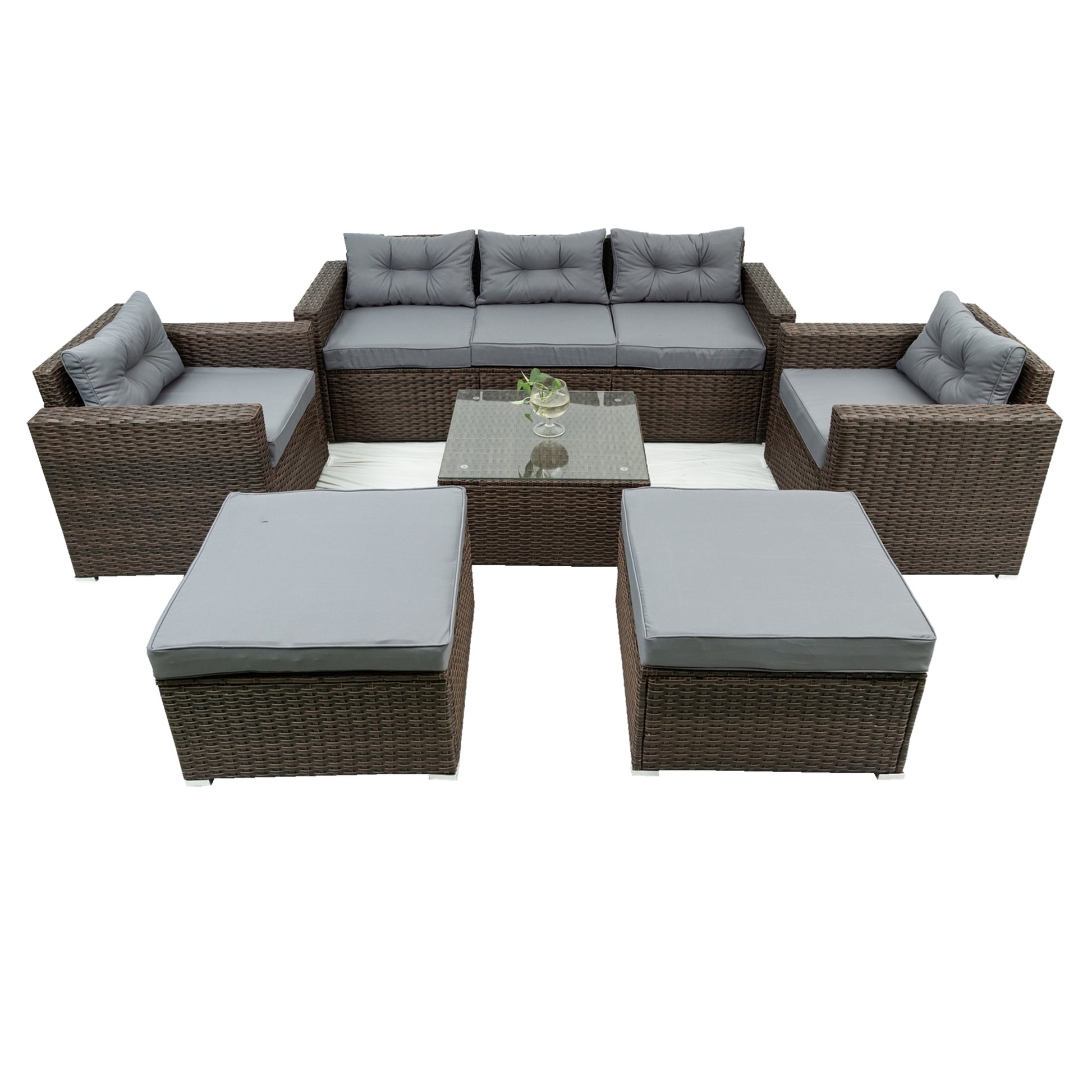 6 Piece Patio Rattan Wicker Outdoor Furniture Conversation Sofa Set With Removeable Cushions And Temper Glass Tabletop Brown Foam Rattan