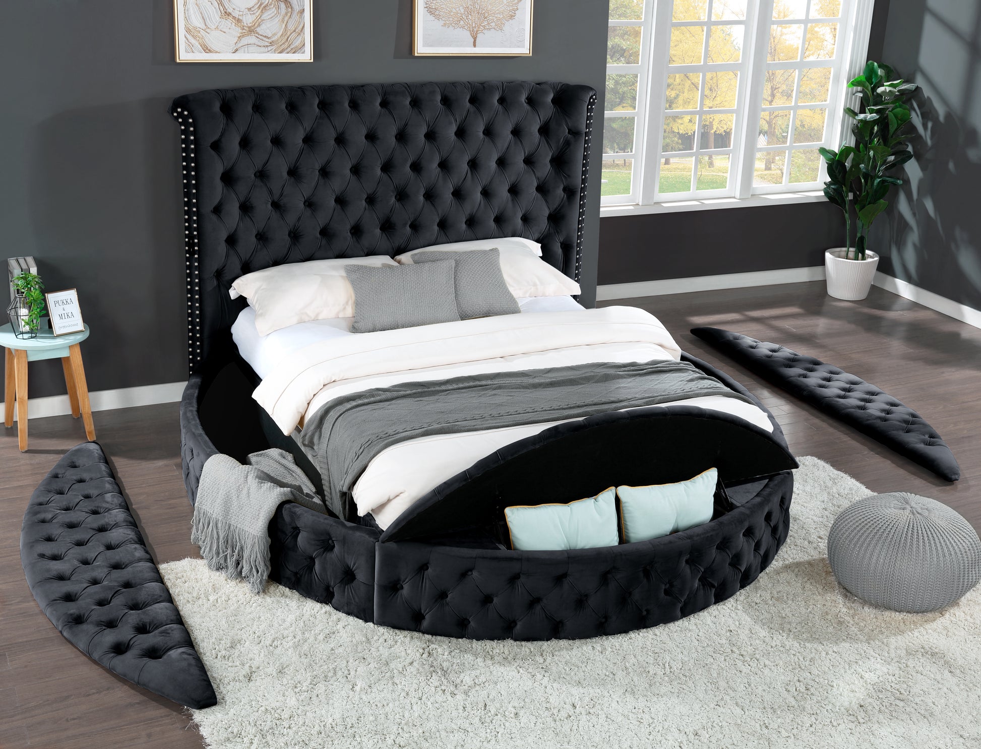 King 5 Pc Vanity Bedroom Set Made With Wood In Black Color Box Spring Not Required King Black Wood 5 Piece Set Bedroom Modern Upholstered Velvet Tufted Wood