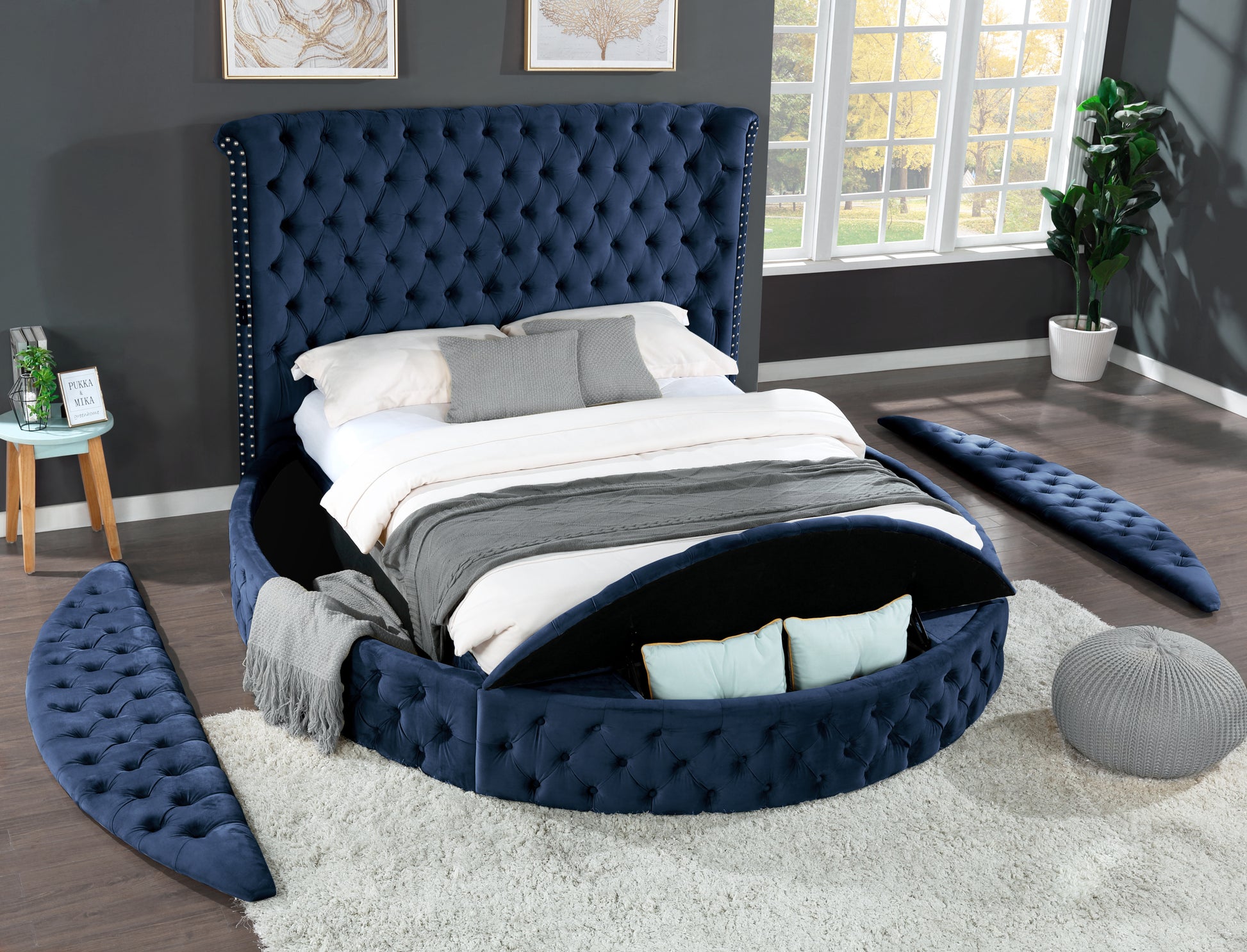 Hazel Queen 5 Pc Bedroom Set Made With Wood In Blue Color Box Spring Not Required Queen Blue Wood 5 Piece Set Bedroom Bed Included,Chest Included,Dresser Included,Mirror Included,Nightstand Included Contemporary,Modern Solid Wood Mdf Velvet Tufted Wood