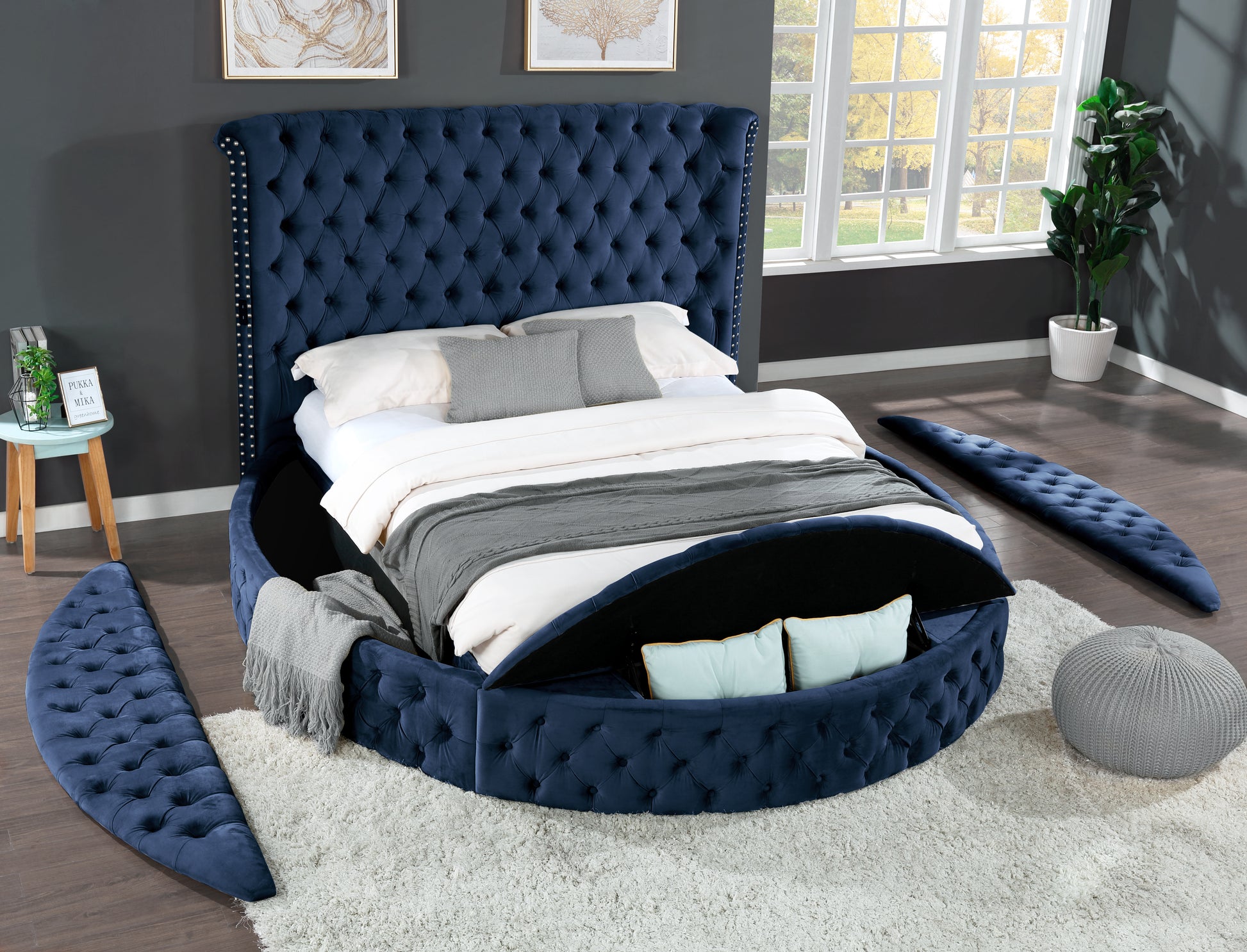 King 4 Pc Bedroom Set Made With Wood In Blue Color Box Spring Not Required King Blue Wood 4 Piece Set Bedroom Bed Included,Dresser Included,Mirror Included,Nightstand Included Contemporary,Modern