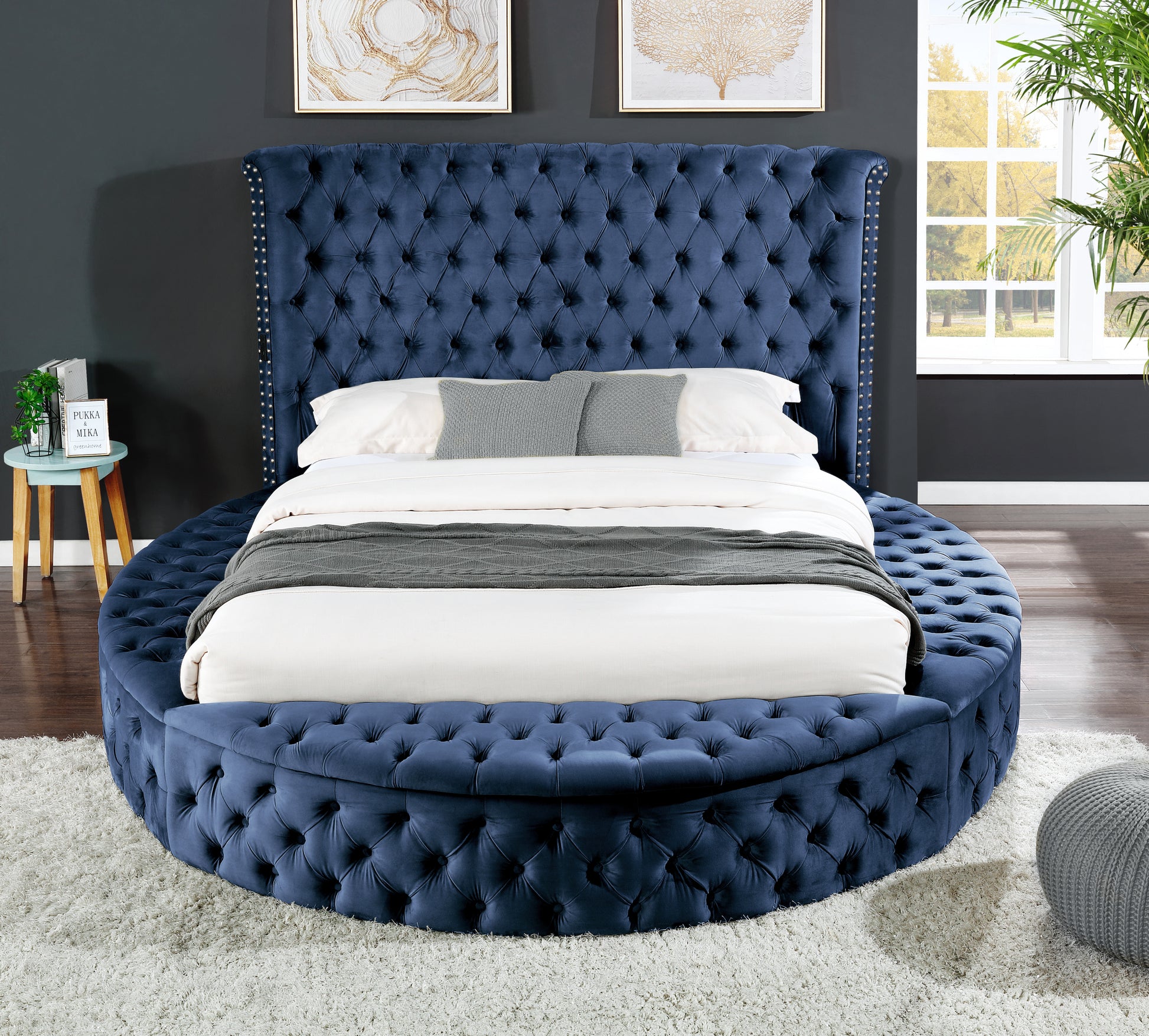 Hazel Queen 5 Pc Bedroom Set Made With Wood In Blue Color Box Spring Not Required Queen Blue Wood 5 Piece Set Bedroom Bed Included,Chest Included,Dresser Included,Mirror Included,Nightstand Included Contemporary,Modern Solid Wood Mdf Velvet Tufted Wood