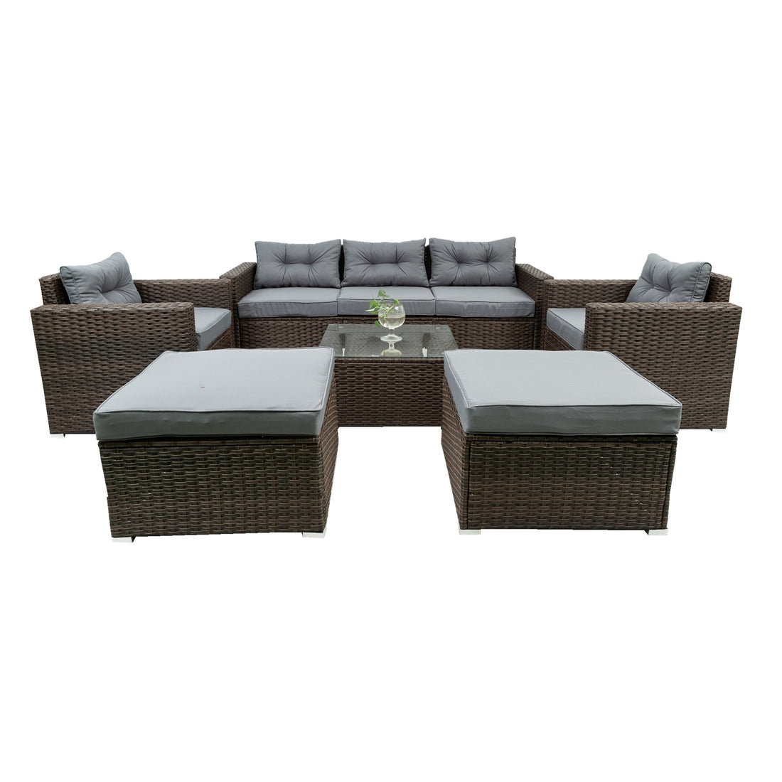 6 Piece Patio Rattan Wicker Outdoor Furniture Conversation Sofa Set With Removeable Cushions And Temper Glass Tabletop Brown Foam Rattan