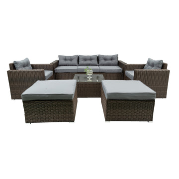 6 Piece Patio Rattan Wicker Outdoor Furniture Conversation Sofa Set With Removeable Cushions And Temper Glass Tabletop Brown Foam Rattan