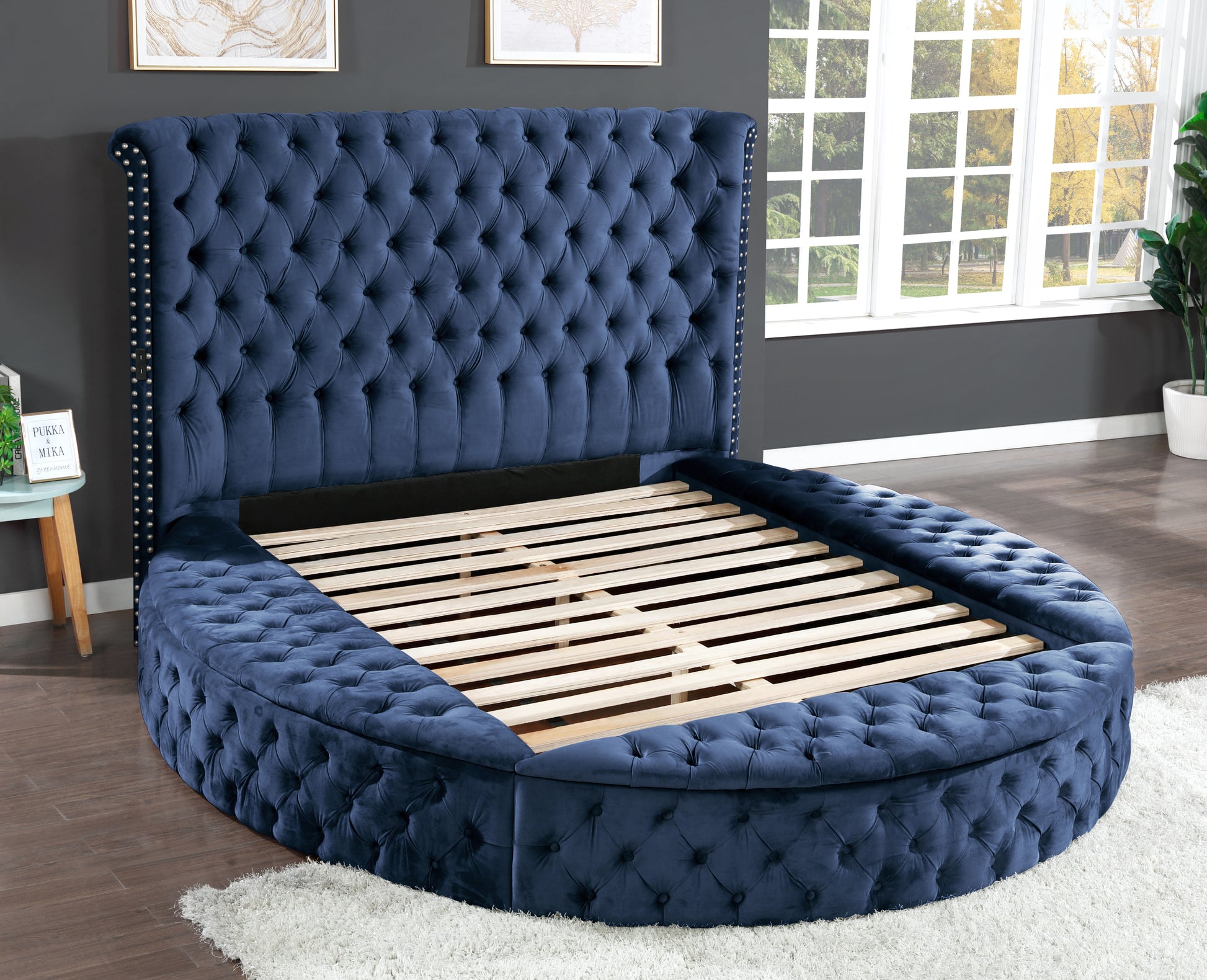 Hazel Queen 4 Pc Bedroom Set Made With Wood In Blue Color Box Spring Not Required Queen Blue Wood 4 Piece Set Bedroom Bed Included,Dresser Included,Mirror Included,Nightstand Included Contemporary,Modern Solid Wood Mdf Velvet Tufted Wood