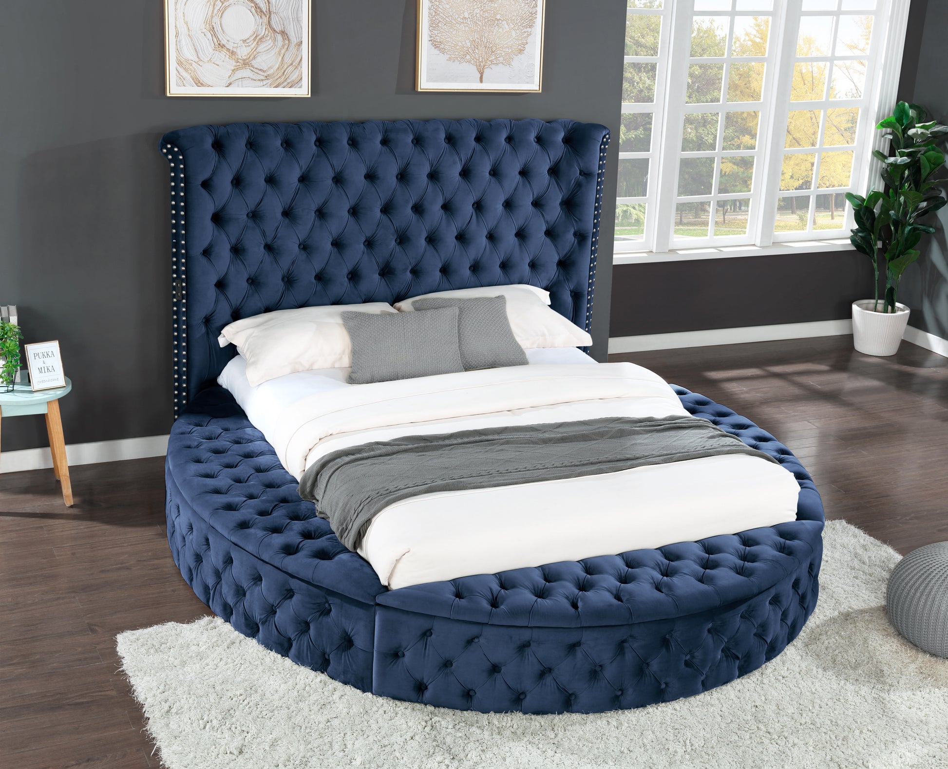 Hazel Queen 5 Pc Bedroom Set Made With Wood In Blue Color Box Spring Not Required Queen Blue Wood 5 Piece Set Bedroom Bed Included,Chest Included,Dresser Included,Mirror Included,Nightstand Included Contemporary,Modern Solid Wood Mdf Velvet Tufted Wood