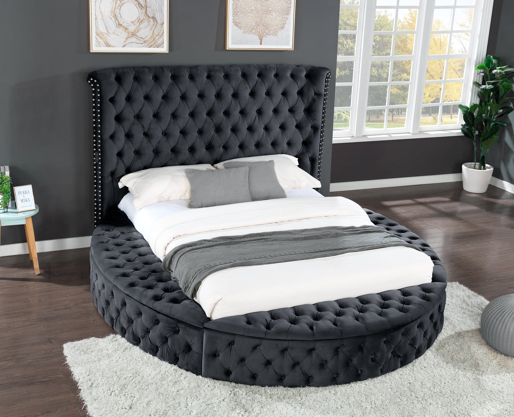 Queen 4 Pc Bedroom Set Made With Wood In Black Color Box Spring Not Required Queen Black Wood 4 Piece Set Bedroom Bed Included,Dresser Included,Mirror Included,Nightstand Included Contemporary,Modern Upholstered Velvet Tufted Wood