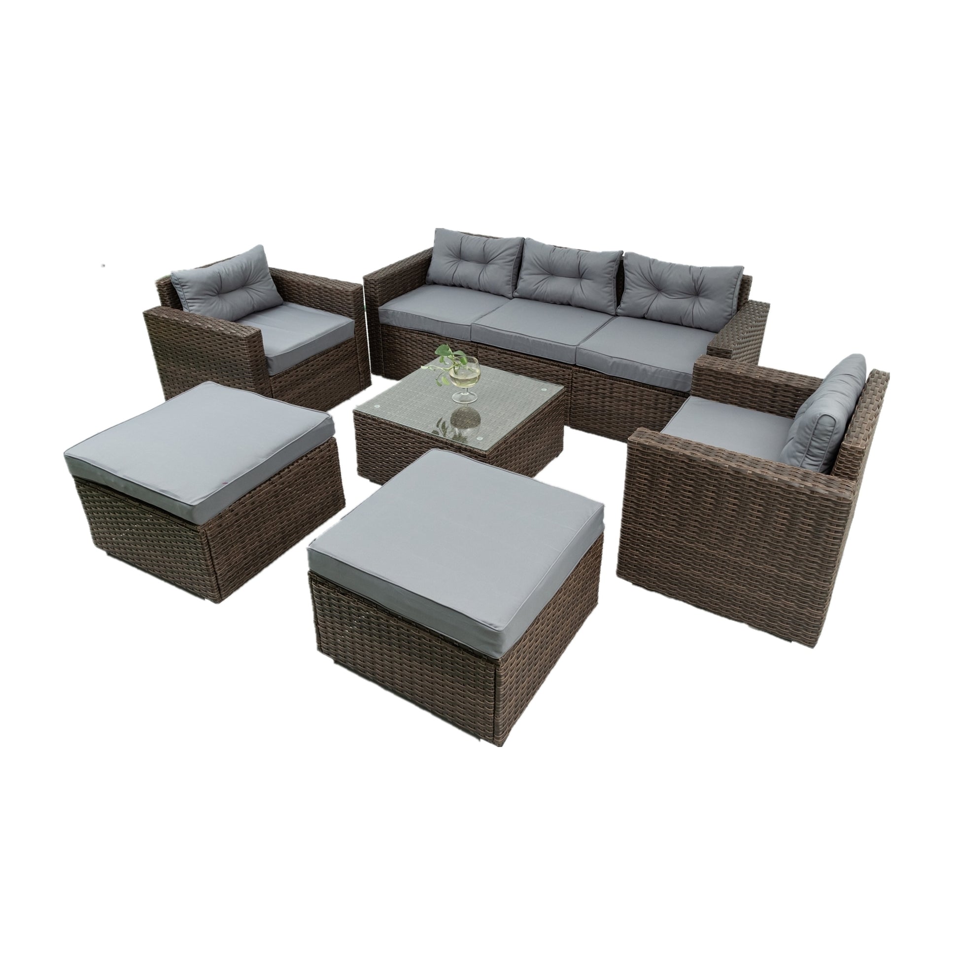 6 Piece Patio Rattan Wicker Outdoor Furniture Conversation Sofa Set With Removeable Cushions And Temper Glass Tabletop Brown Foam Rattan