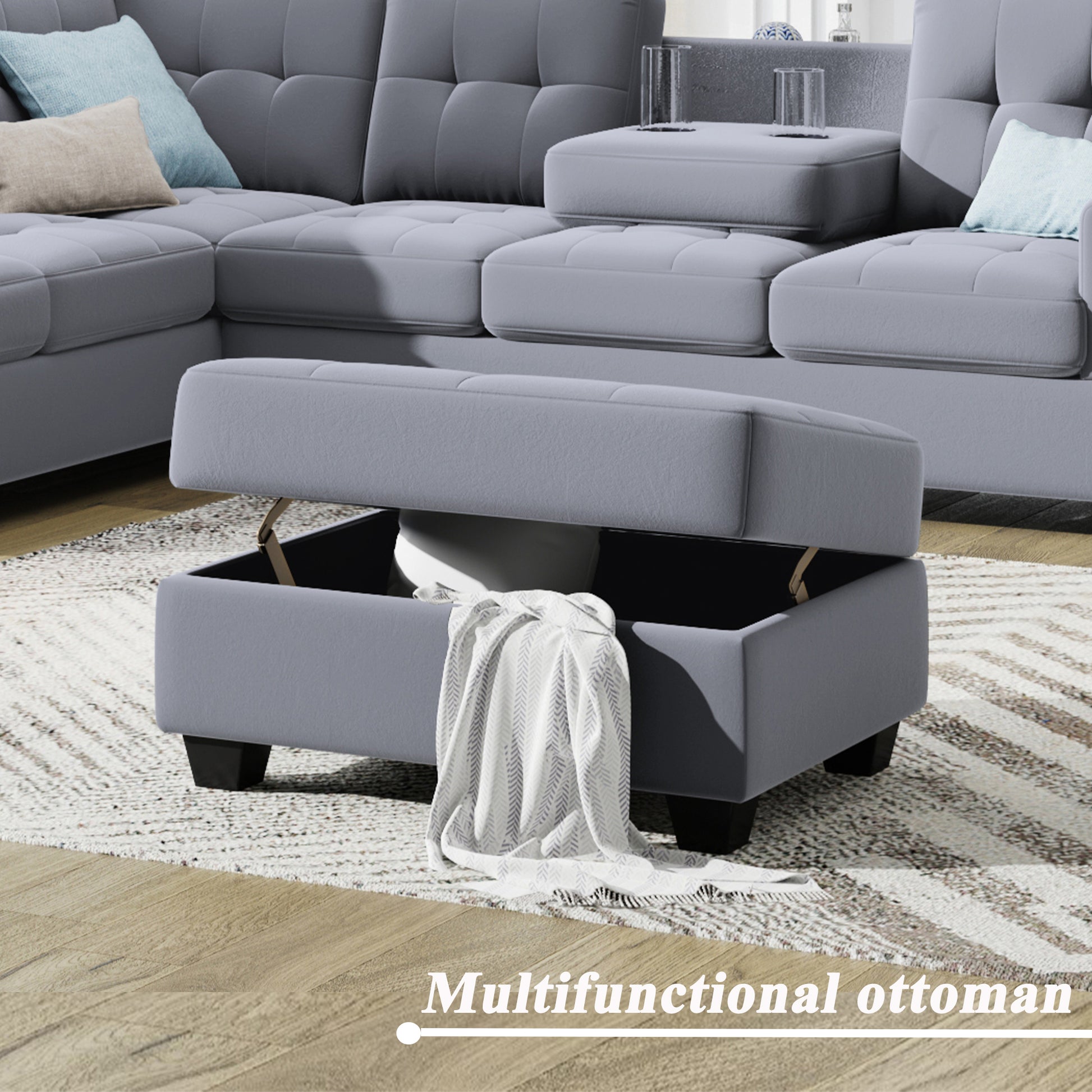 Orisfur. Sectional Sofa With Reversible Chaise Lounge, L Shaped Couch With Storage Ottoman And Cup Holders Antique Gray Foam Velvet