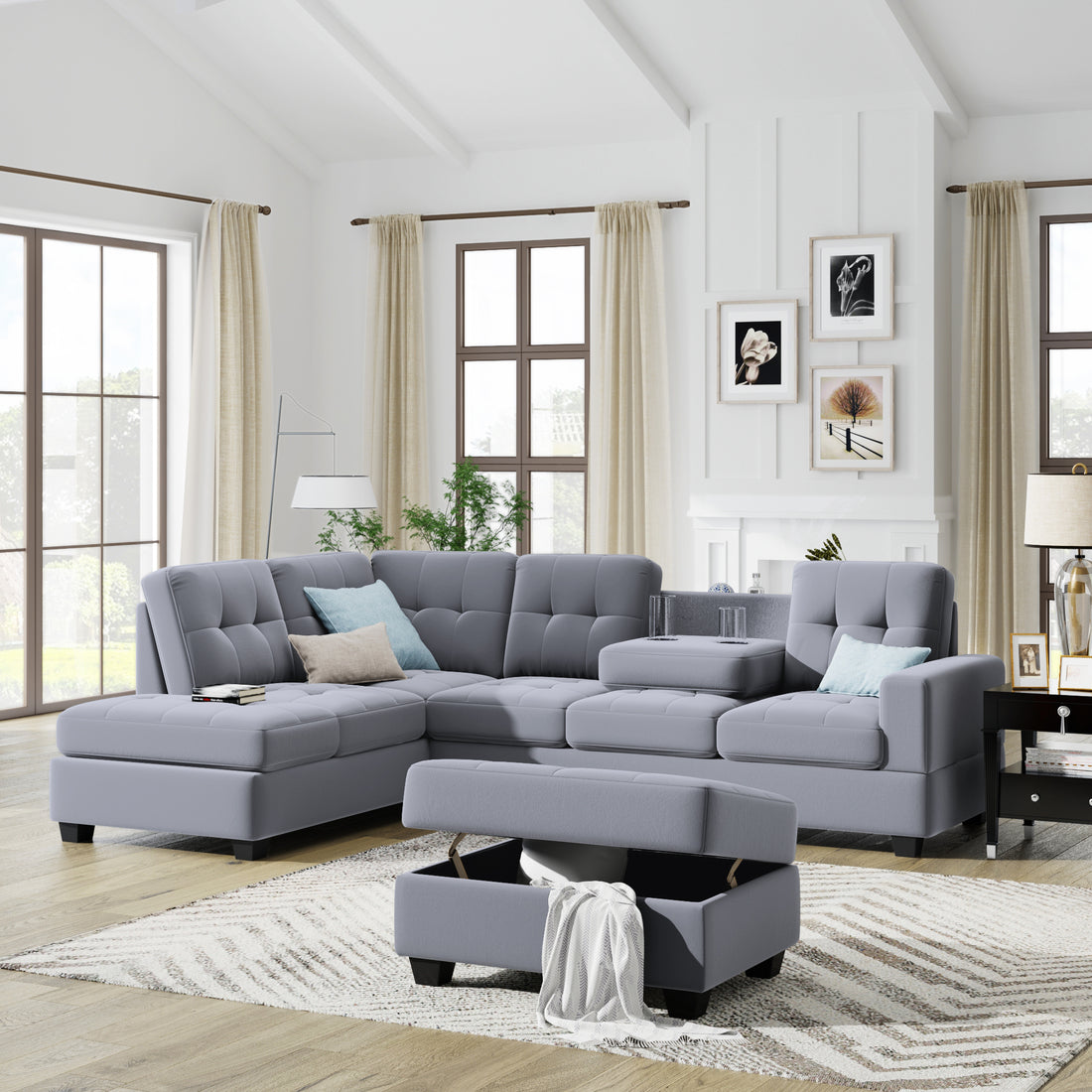 Orisfur. Sectional Sofa With Reversible Chaise Lounge, L Shaped Couch With Storage Ottoman And Cup Holders Antique Gray Foam Velvet