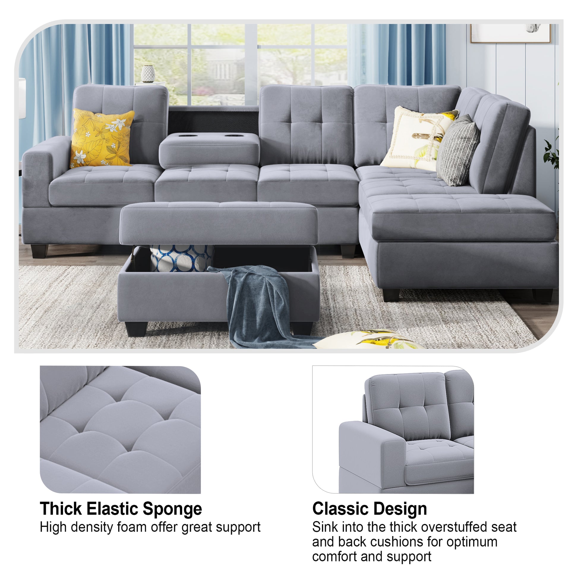 Orisfur. Sectional Sofa With Reversible Chaise Lounge, L Shaped Couch With Storage Ottoman And Cup Holders Antique Gray Foam Velvet