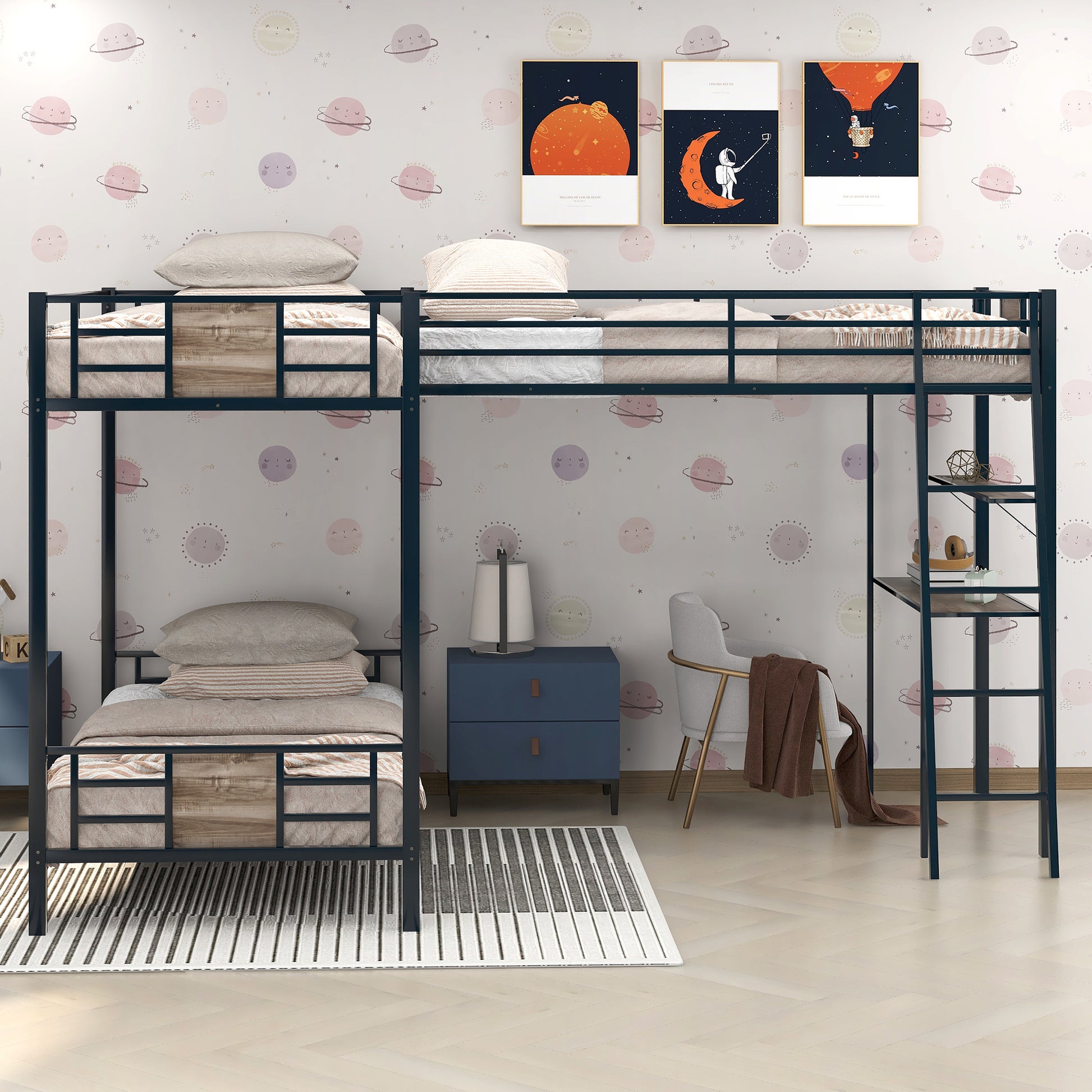 L Shaped Twin Over Twin Bunk Bed With Twin Size Loft Bed With Desk And Shelf ,Brown Brown Steel