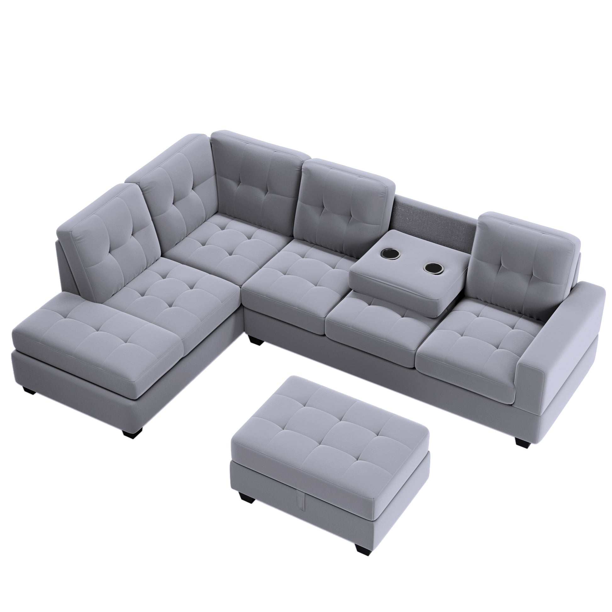 Orisfur. Sectional Sofa With Reversible Chaise Lounge, L Shaped Couch With Storage Ottoman And Cup Holders Antique Gray Foam Velvet