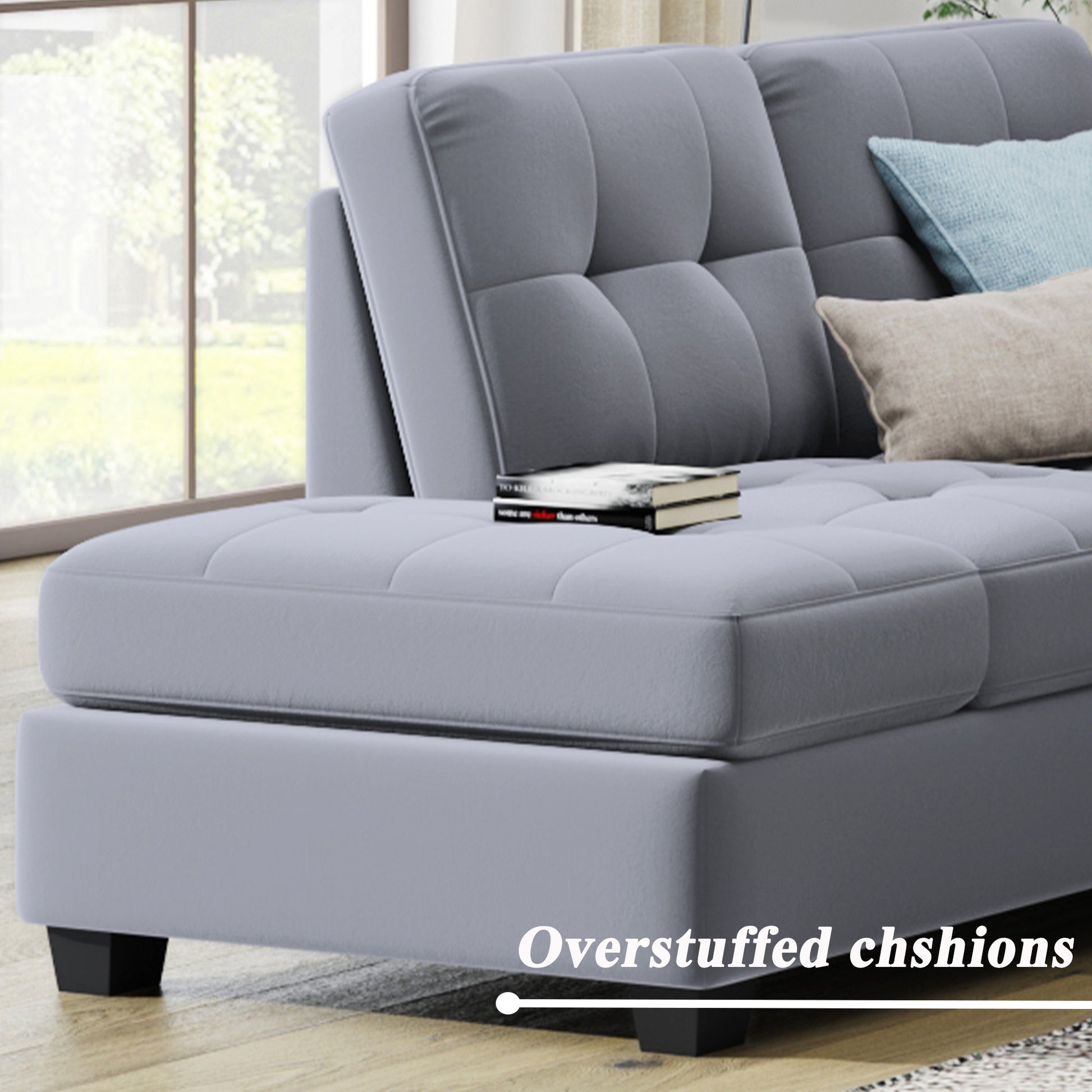 Orisfur. Sectional Sofa With Reversible Chaise Lounge, L Shaped Couch With Storage Ottoman And Cup Holders Antique Gray Foam Velvet