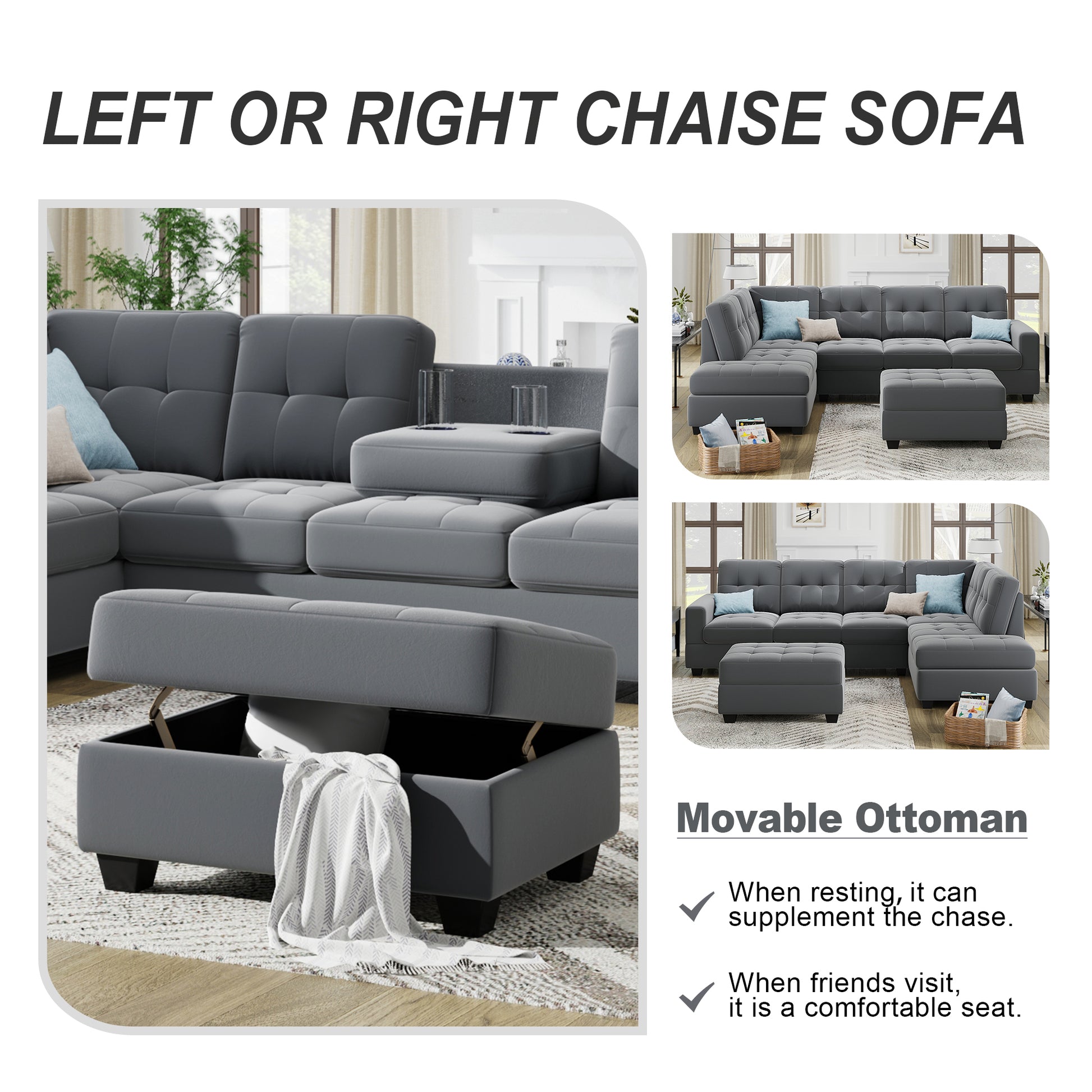 Orisfur. Sectional Sofa With Reversible Chaise Lounge, L Shaped Couch With Storage Ottoman And Cup Holders Gray Foam Velvet